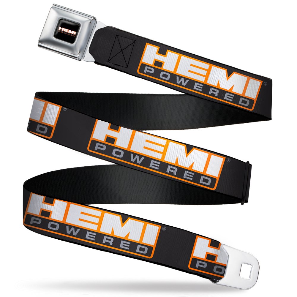 Hemi Belt, Seatbelt Buckle Belt, Hemi Powered Logo Repeat Black Orange White Gray, 44 to 63 Inches