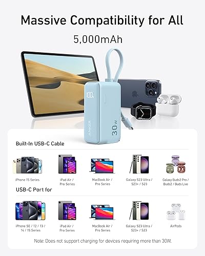Miniatura 6 de Anker Banco de energía USB C, cargador portátil 3 en 1 de 5,000 mAh con cable USB-C integrado y enchufe de CA plegable, paquete de batería compacta