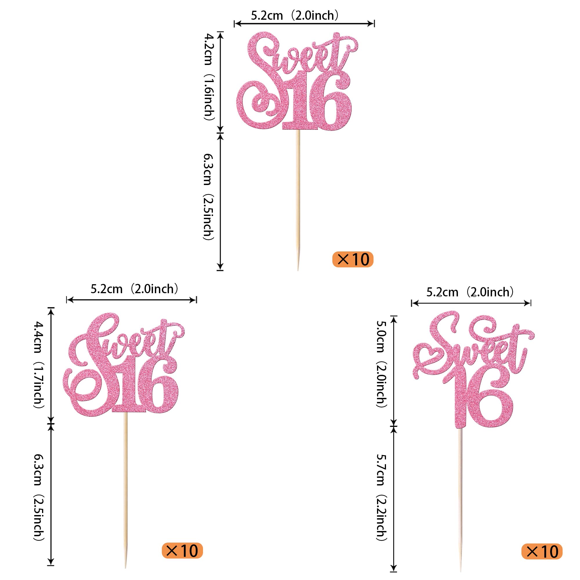 Rsstarxi 30 Pack 16th Birthday Cupcake Toppers Glitter Sweet 16 Sixteen Years Old Cupcake Picks Cake Decoration for Kids, Wedding, Anniversary Party Decorations Pink