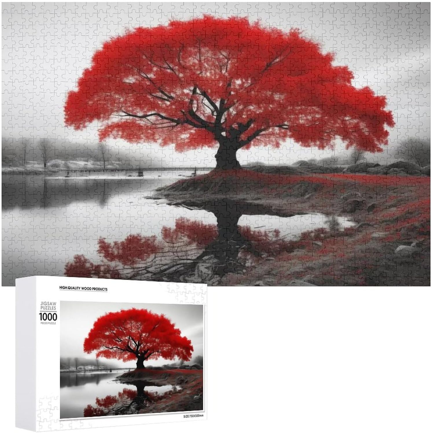 Wooden Puzzles for Adults 1000 Pieces - Black and White Bridge and Red Tree Wooden Puzzle，Jigsaw Puzzles Gift for Mom Dad Family Friend Home Decor Wall Art，Educational Toys，Artistic Decorations,