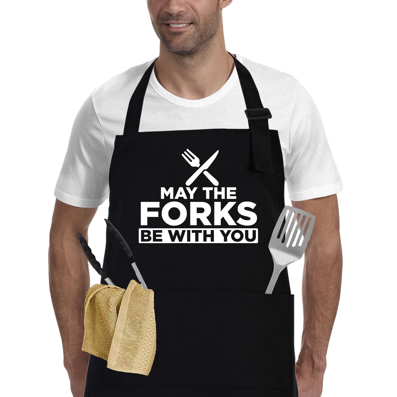 Tablier de cuisine pour homme avec inscription « May The Forks Be with You » - Tablier de cuisine amusant pour les fans de cinéma, tablier de chef noir, cadeau d'anniversaire pour homme, papa, mari
