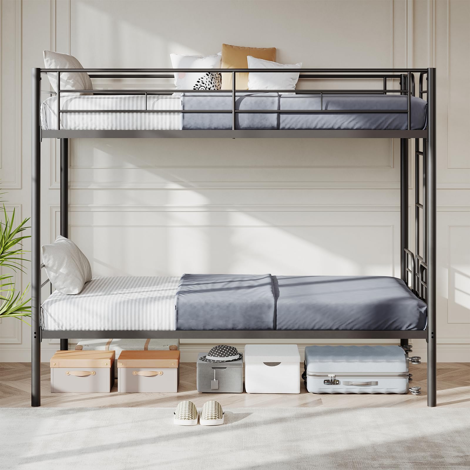 DUMOS Metal Bunk Bed Twin Over Twin with Ladder and High Guardrail, Convertible to 2 Separate Beds Heavy-Duty Metal Slats Support, Under-Bed Storage Space, No Box Spring Needed, Noise Free, Black