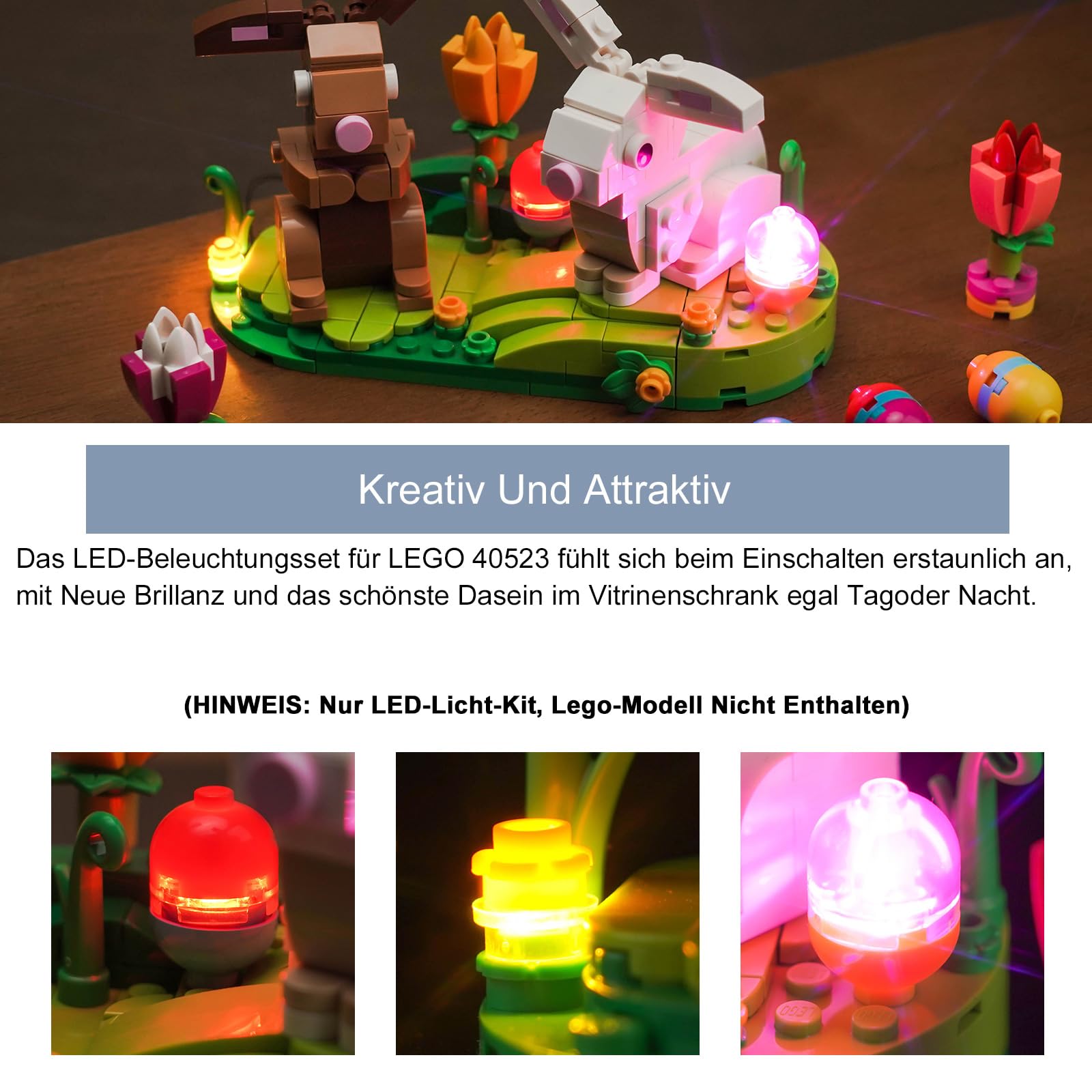 BrickBling Juego de Luces LED para exhibición de Conejos de Pascua Lego 40523 (no Lego), Juego de iluminación Decorativa para exhibición de Conejos de Pascua Lego, DE02-40523-P61901 — view 2