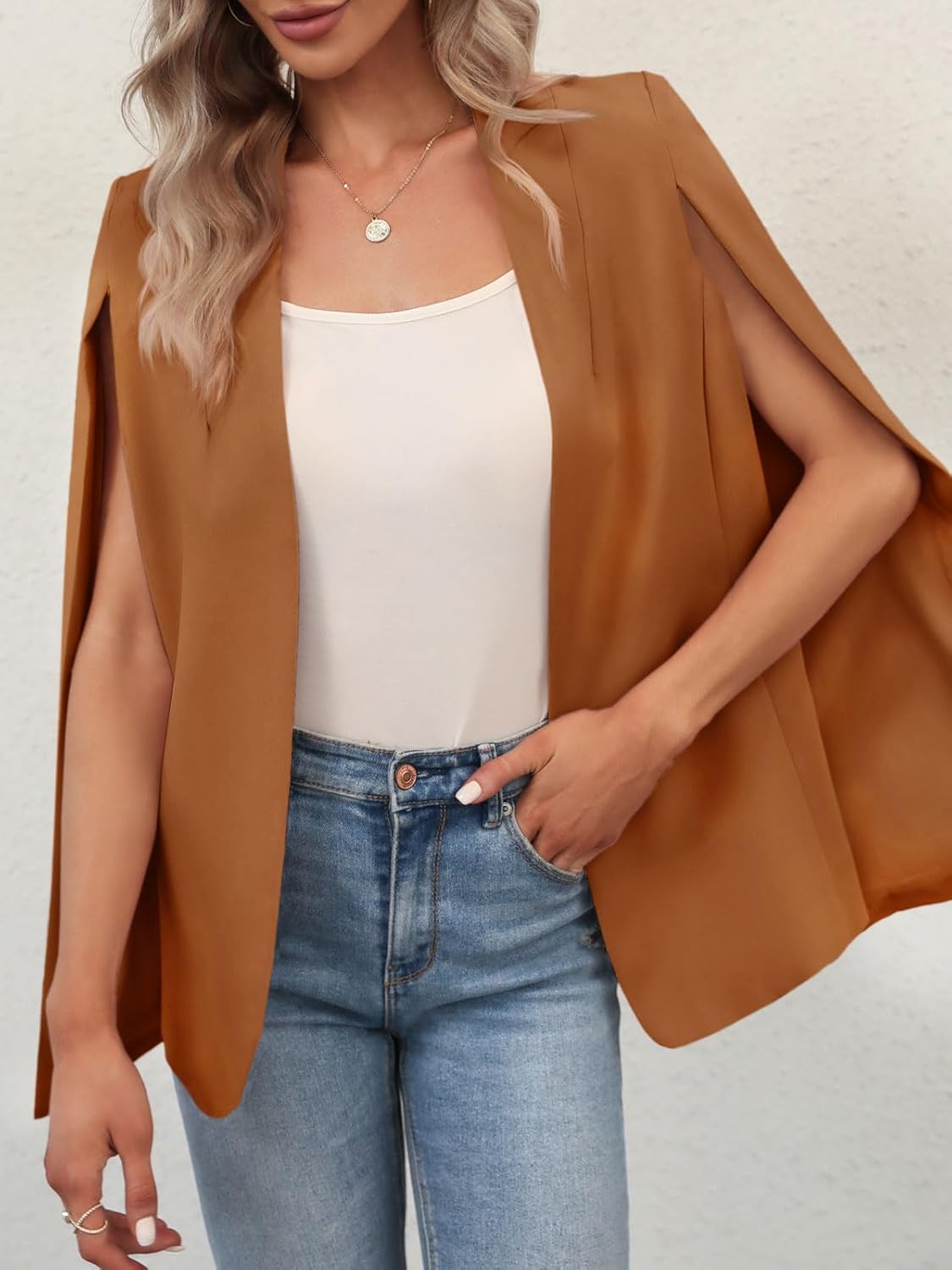 GAMISOTE Womens Cape Blazer Split Sleeve Open Front Casual Jacket Coat Workwear - Image 2