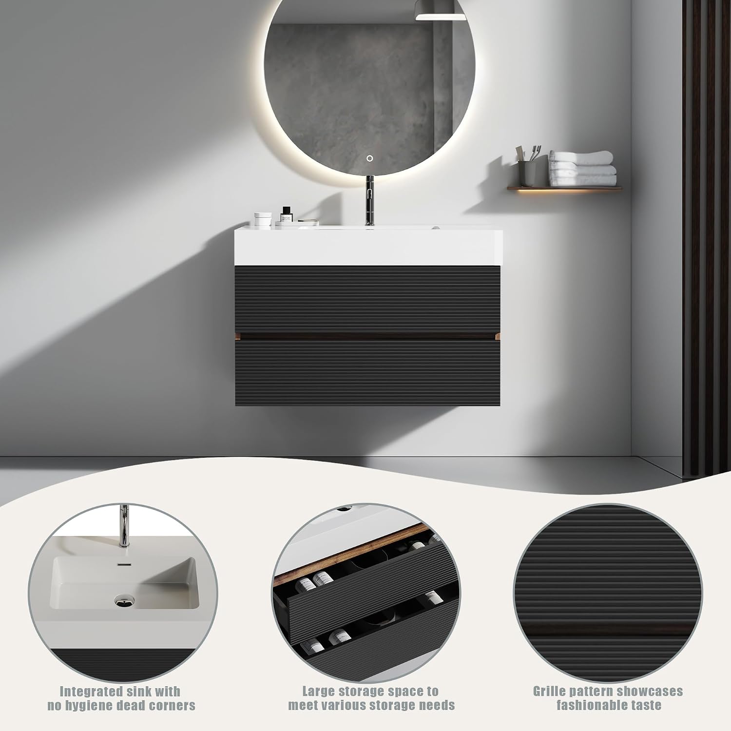 Grace 36 Inch Walnut Floating Bathroom Vanity with Sink Wall Mounted Large Storage Modern Design One Piece Matt White Quartz Sink Minimalist KD