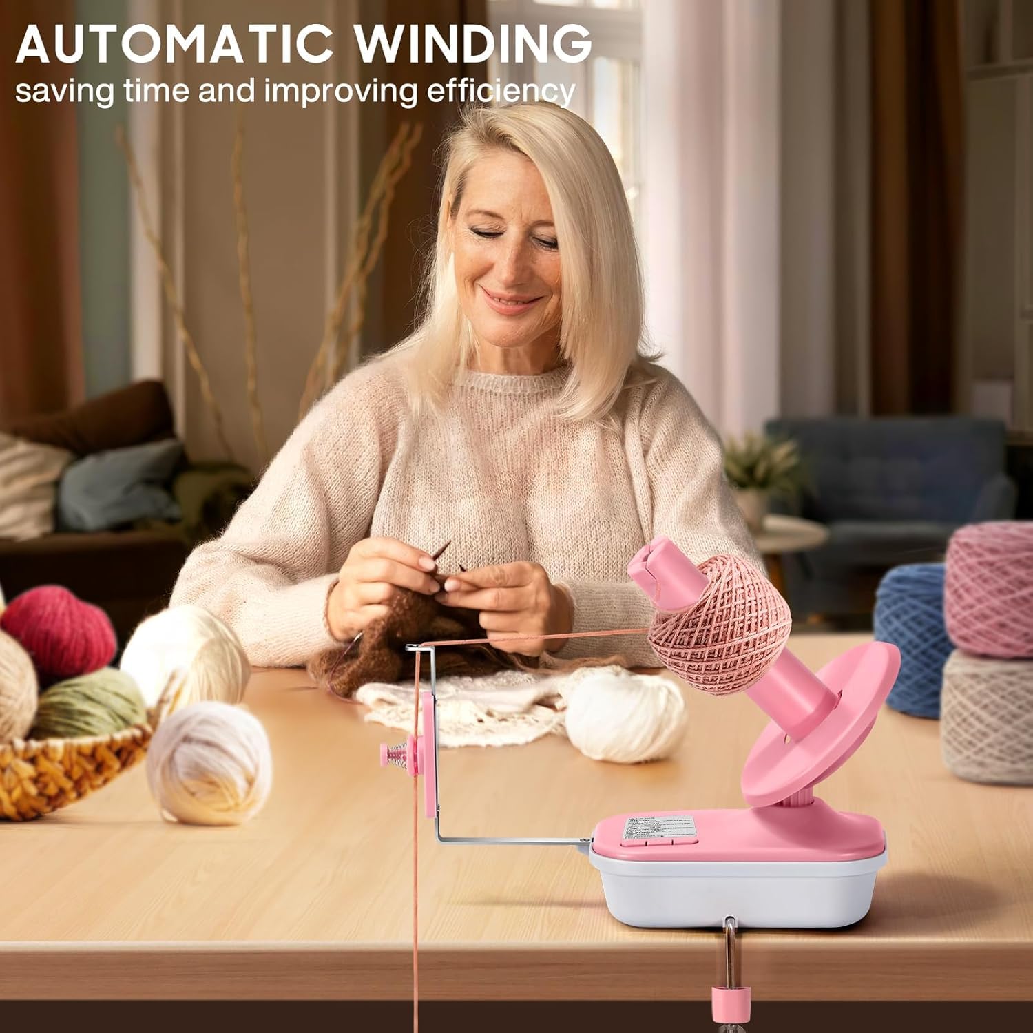 Avvolgitore Elettrico per Filati, Avvolgitore Automatico per Gomitoli di Filato ad Alta Velocità con 3 Ingranaggi Regolabili, Filatore per Filati di Grande Capacità da 4-10 once（Rosa）