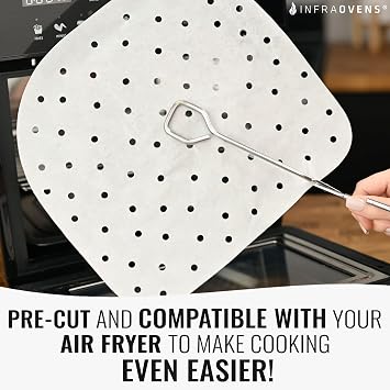 INFRAOVENS Air Fryer Parchment Paper Liners for Chefman 6.3 QT, Power XL 6 QT, PowerXL Vortex 10 QT, Caynel & more, Airfryer Accessories Disposable Sheets and Reusable Liner, Rack and Tray Protector