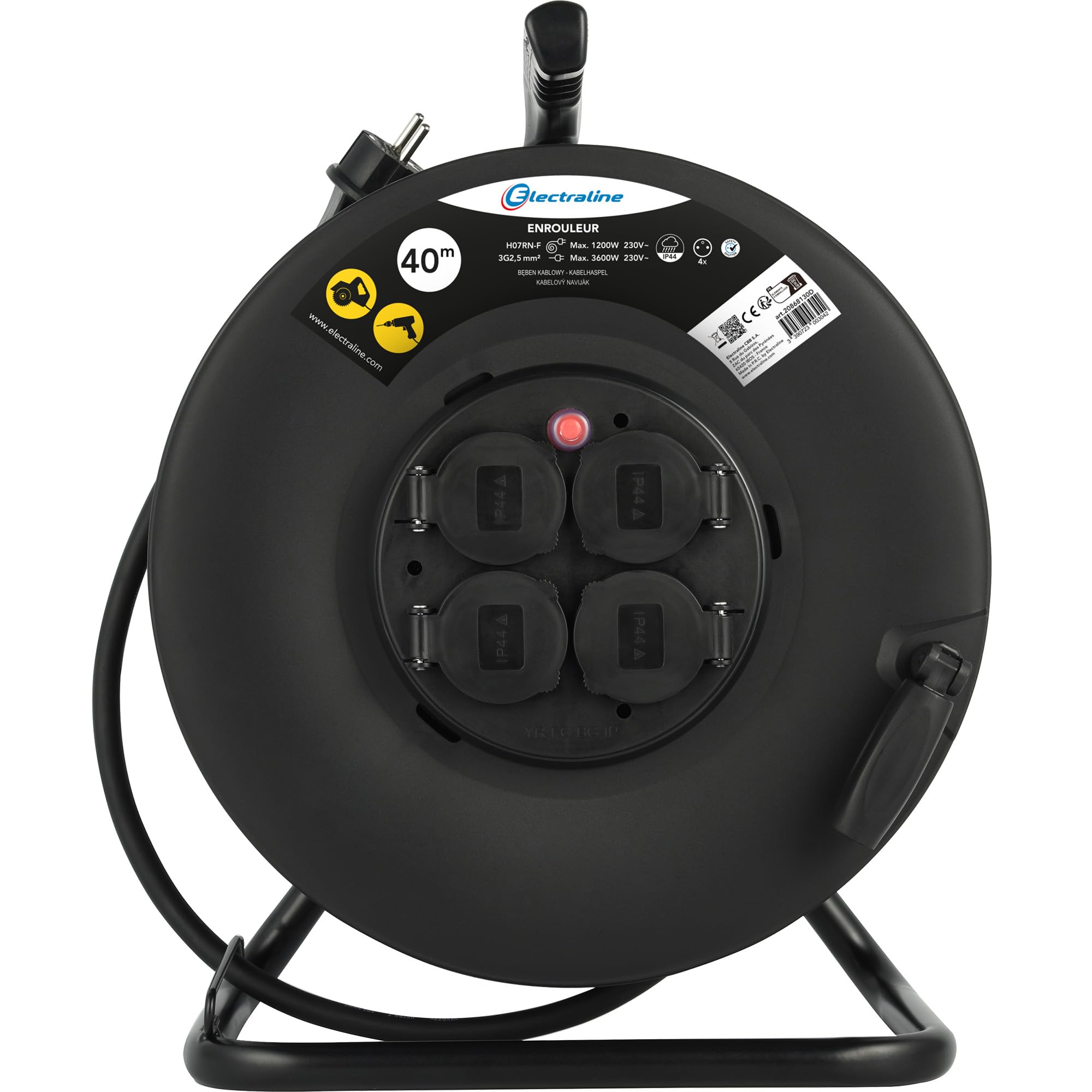 Electraline 20868130D Przedłużacz elektryczny IP44 Profesionnelle z nawijaczem 40M, gumowy kabel H07RN-F 3G2,5 mm², 4 gniazda 16A