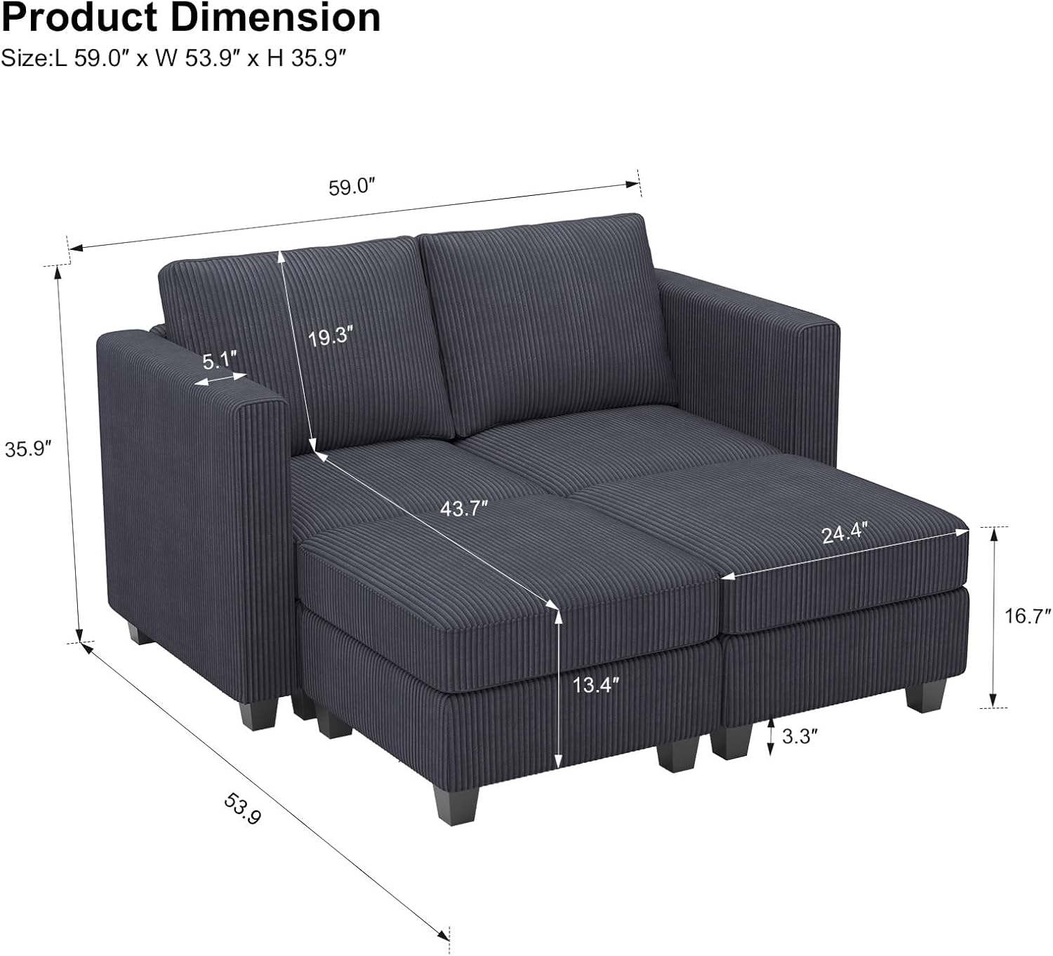 Belffin Modular Small Sectional Sofa Corduroy Sleeper Sofa with Storage Modern Couch for Living Room Dark Grey