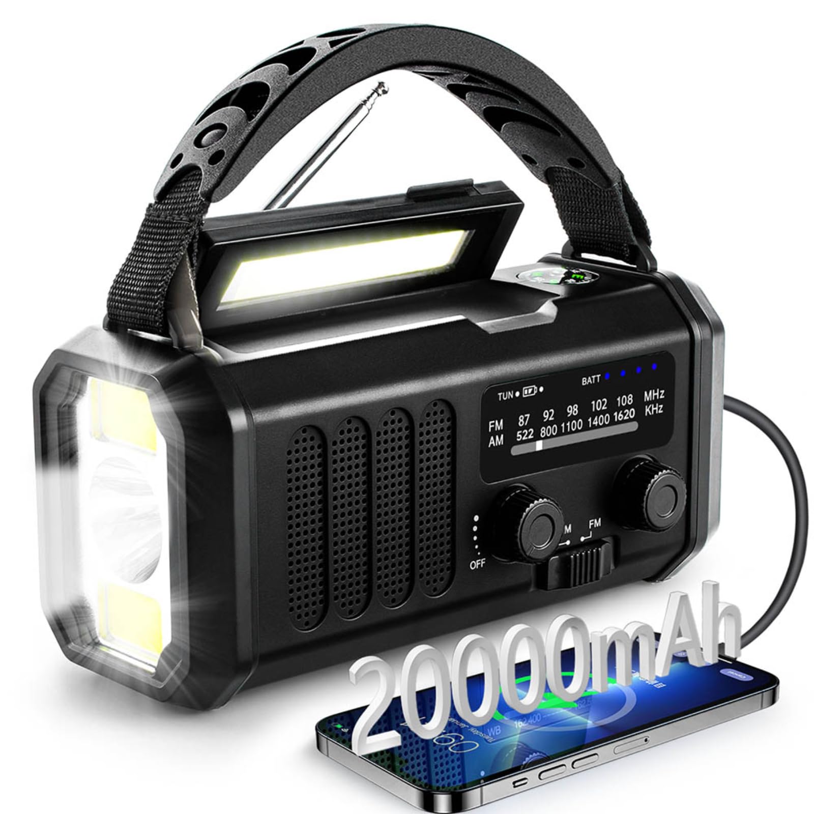 Radio Météo d'urgence Batterie Portable 20000mAh avec Alarme SOS Manivelle Radio solaires AM/FM,Lampe de Lecture,Lampe de Poche,Boussole pour l'extérieur,Chargeur pour Smartphones
