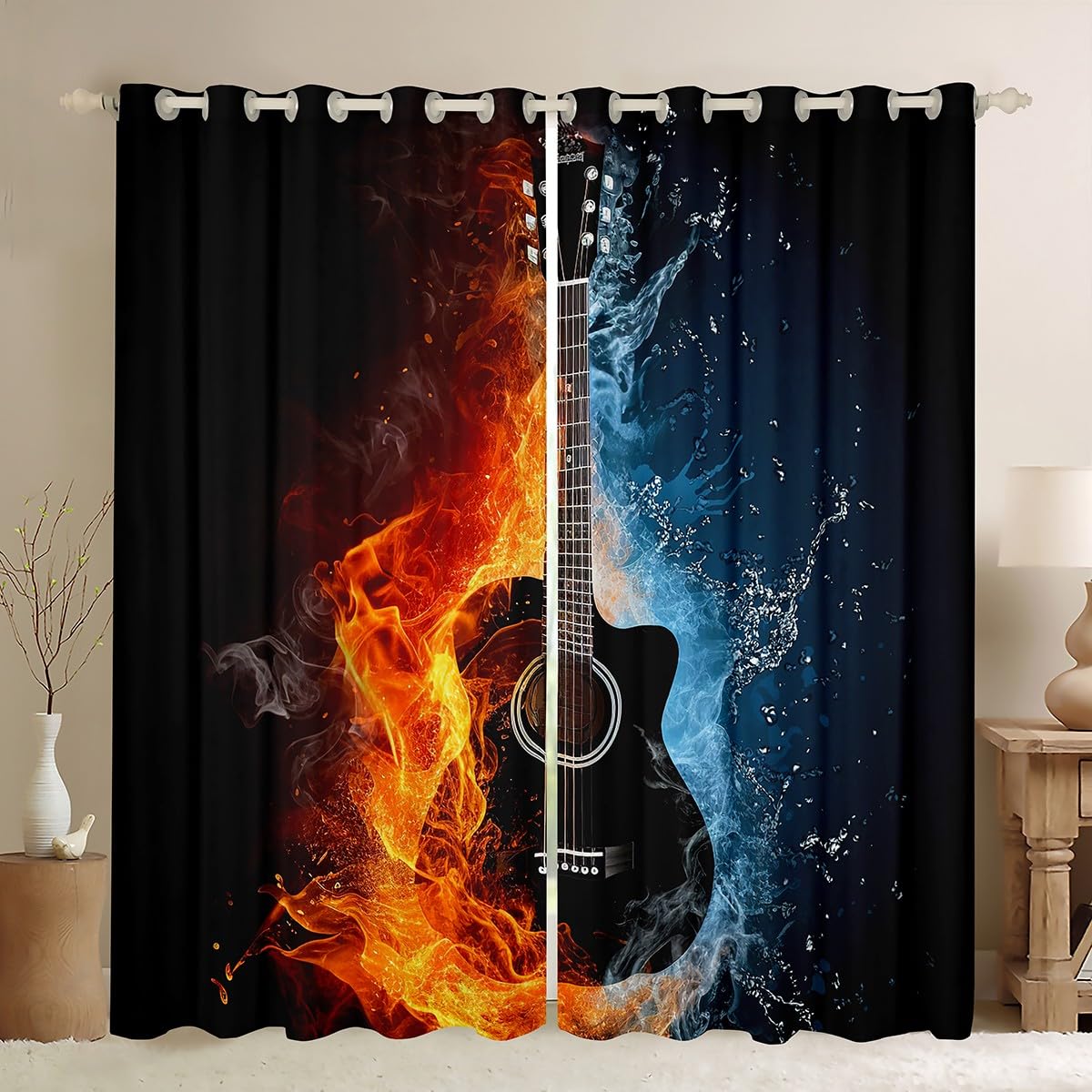 Loussiesd Guitar Curtains Fire Water Guitar Window Curtains for Bedroom Living Room Decor Rock Music Themed Window Drapes for Kids Boys Girls Musical Instrument W46*L72