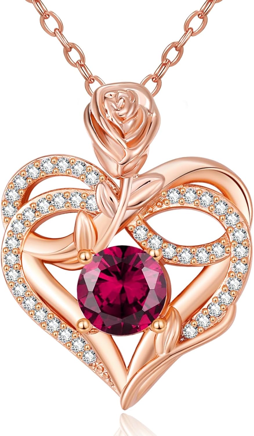 Rose Gold Birthstone Heart Necklace for Women, Rose Flower Infinity Love Pendant Necklace, Valentines Mothers Day Anniversary Birthday Gifts for Her Mom Wife Girlfriend