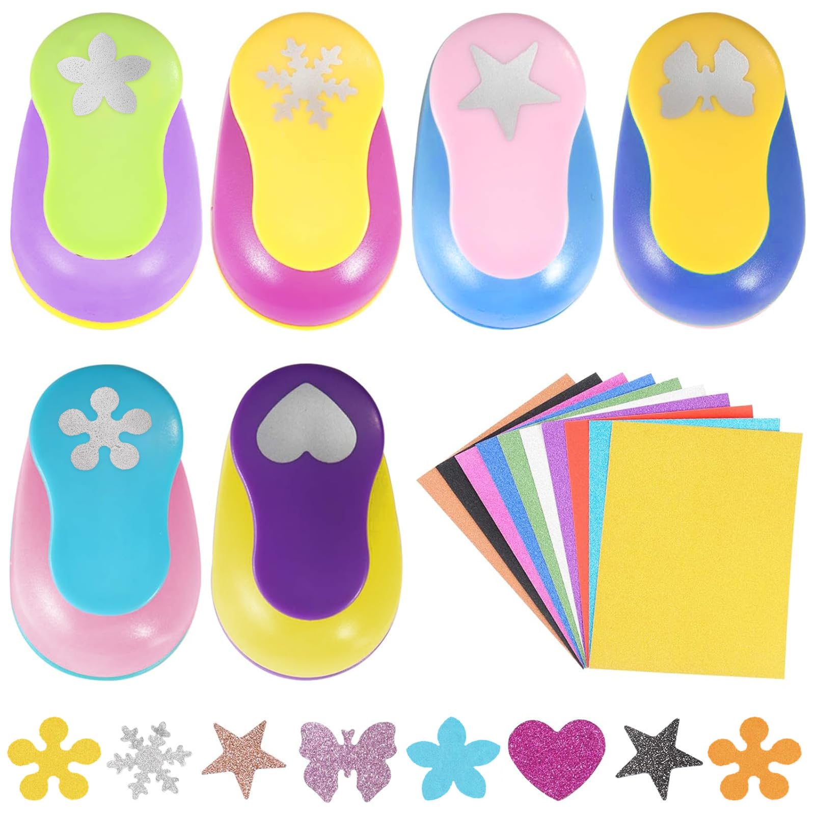 Set di 6 perforatrici colorate con 10 cartoncini glitterati, set di perforatrici decorative per album di ritagli, diverse forme, per forniture per ufficio (multicolore 3)