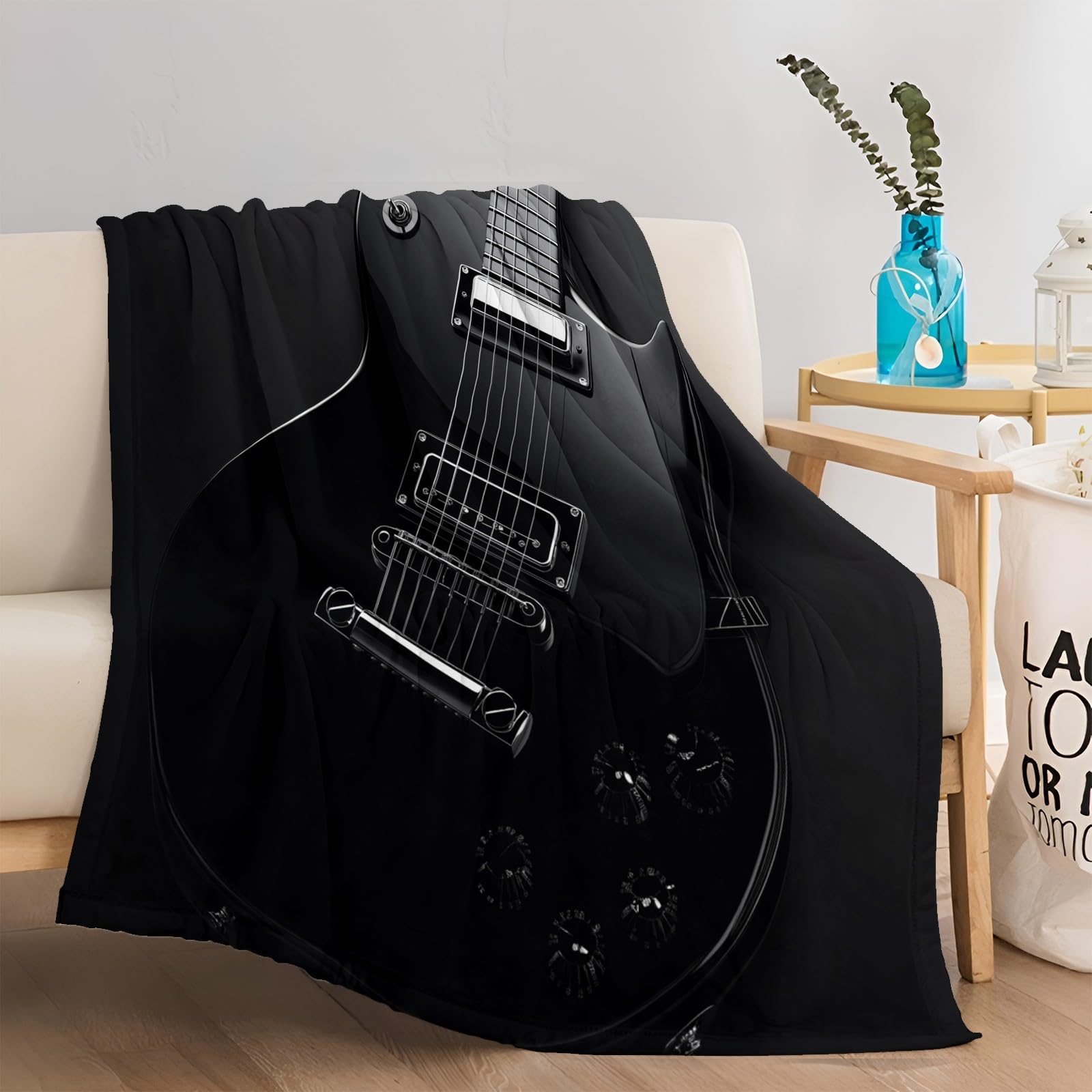 Przytulny koc polarowy, na gitarę elektryczną, czarny, czarny, puszysty, ciepły, miękki, do salonu, koc na kanapę, koc do mieszkania, dla dorosłych, dzieci, niemowląt, 180 x 200 cm
