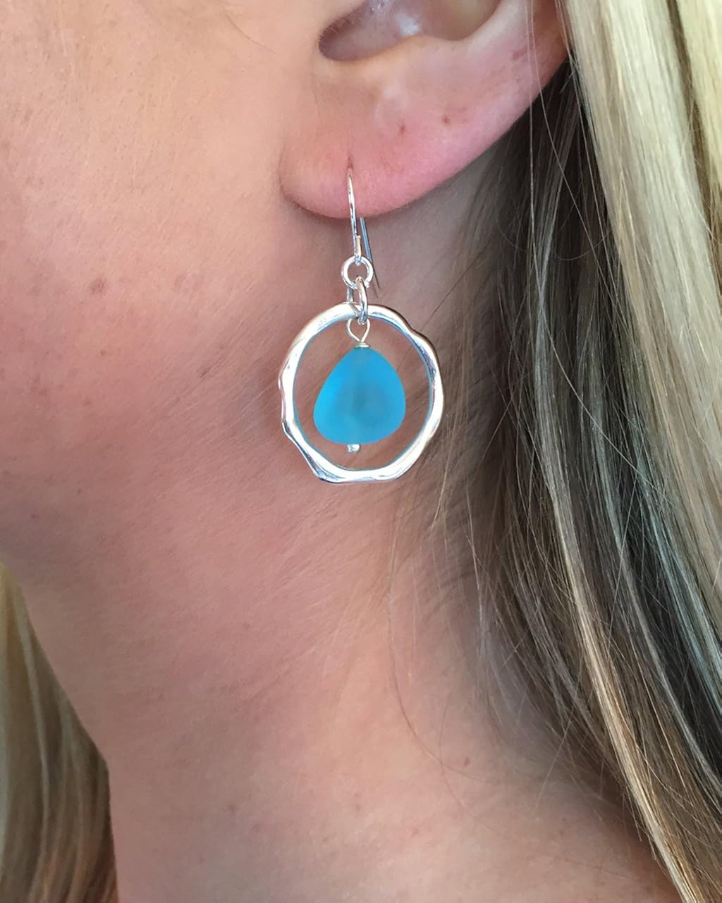 Miniatura 2 de Pendientes de cristal de mar de las olas del océano, aro chapado en plata hecho a mano con cristal turquesa, Vidrio