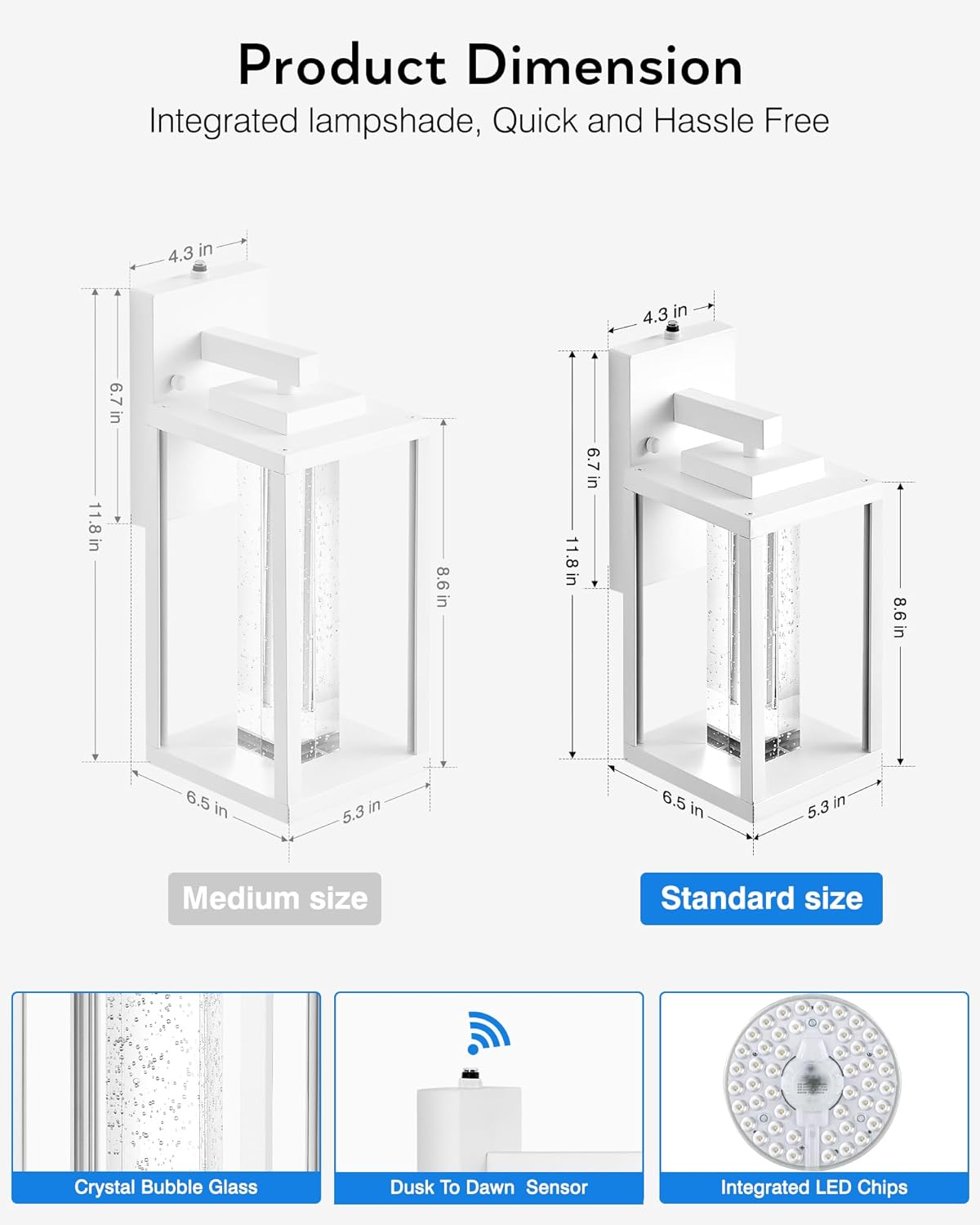 VIANIS White Outdoor Garage Lights Wall Mount, 2 Pack Dusk to Dawn Outdoor Coach Lights for House with Integrated 10W LED Light Source Crystal Bubble Glass, Modern Exterior Porch Light Wall Sconce