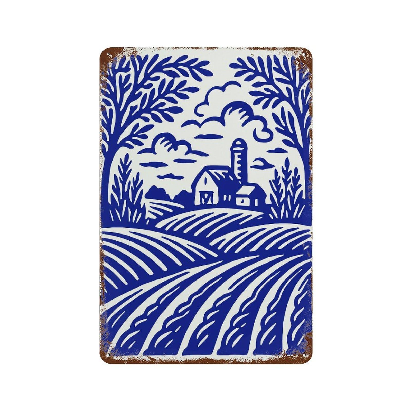 Blue Farm Landscape Illustration Rust Effect Tin Sign 11.8"x7.9", Farmhouse Wall Decor for Living Room, Hallway And Home Decor