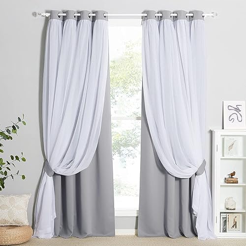 PONY DANCE Double Curtains 95 inches - White Crushed Sheer with Light Block Window Drapes Elegant Decoration, 52" Wide per Piece, Silver Grey, 2 PCs