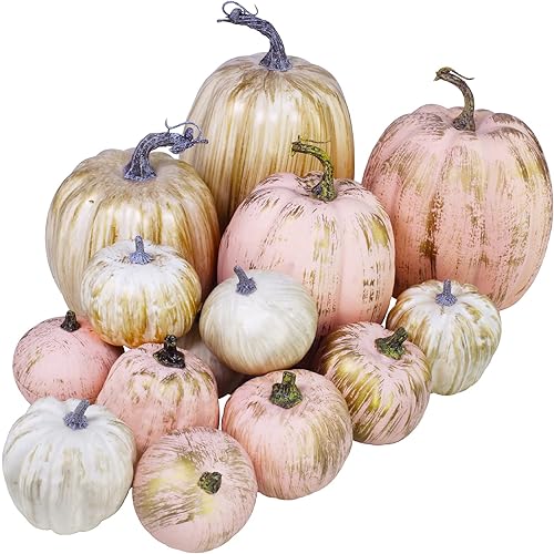 14 calabazas artificiales surtidas de color dorado cepillado blanco y rosa, calabazas decorativas rústicas de espuma para casa de campo, mesa de