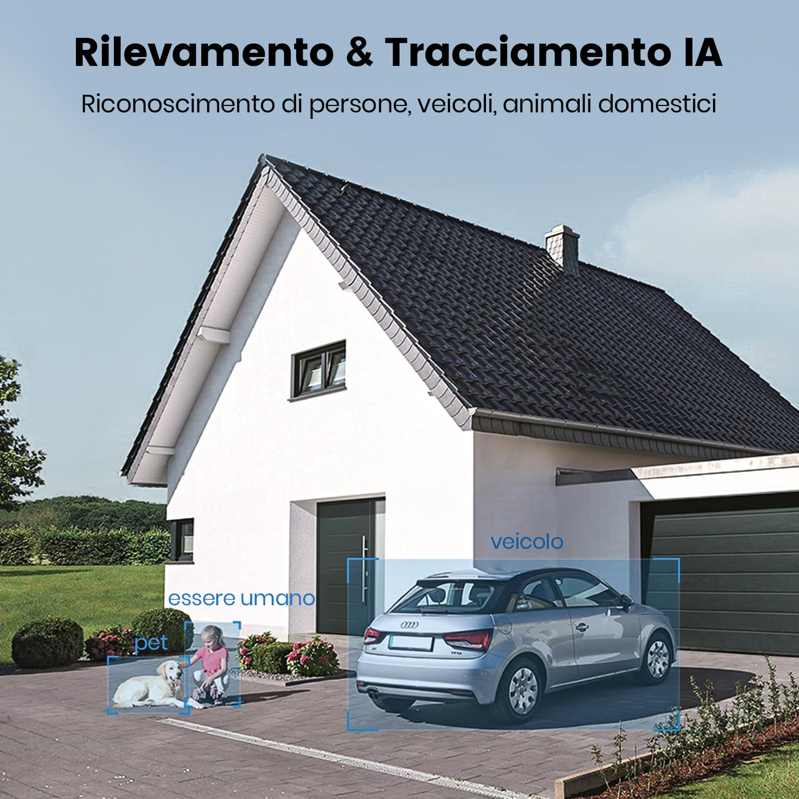 aosu 3K Telecamera di Sorveglianza Esterna con Luce, 2600 LM, 360° IA | 3 sensori PIR, Registrazione 24/7, Visione notturna, IP65 impermeabile, Wi‑Fi 2,4 GHz, Per ingresso/giardino