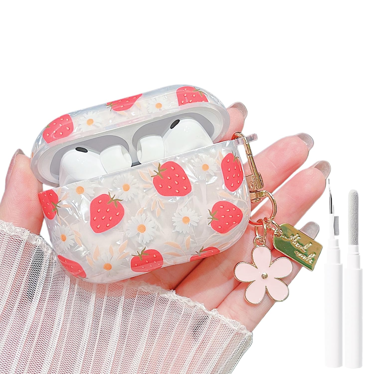 MINSCOSE for Cute Glitter AirPods Pro 3 Case,Shell Pattern Girly Strawberry Design with Trendy Floral Keychain,Soft TPU Protective Cover with Cleaner Kit for Girls Women for AirPods Pro 3-Red