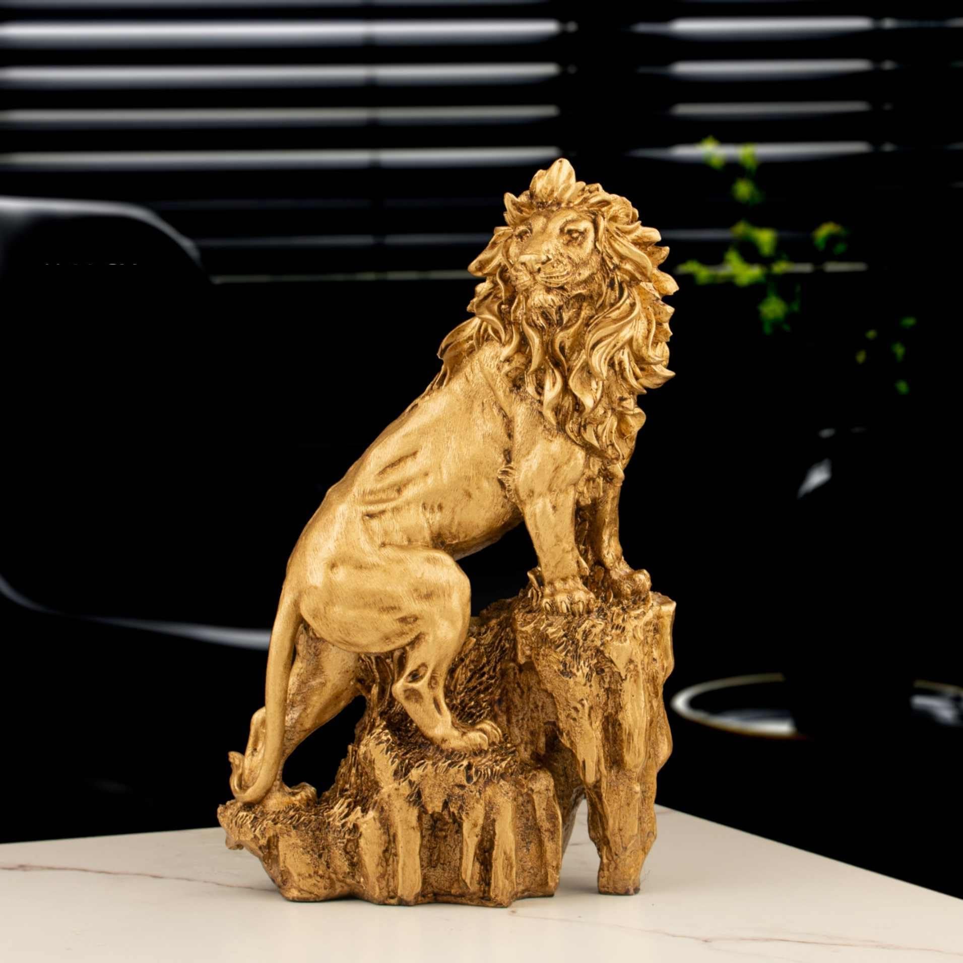 INDICAST Resin 12" Lion on Rock Statue Antique Design Rock Lion Animal Figurine Sculpture Wildlife Showpiece for Home Office Table Décor - (Brown)