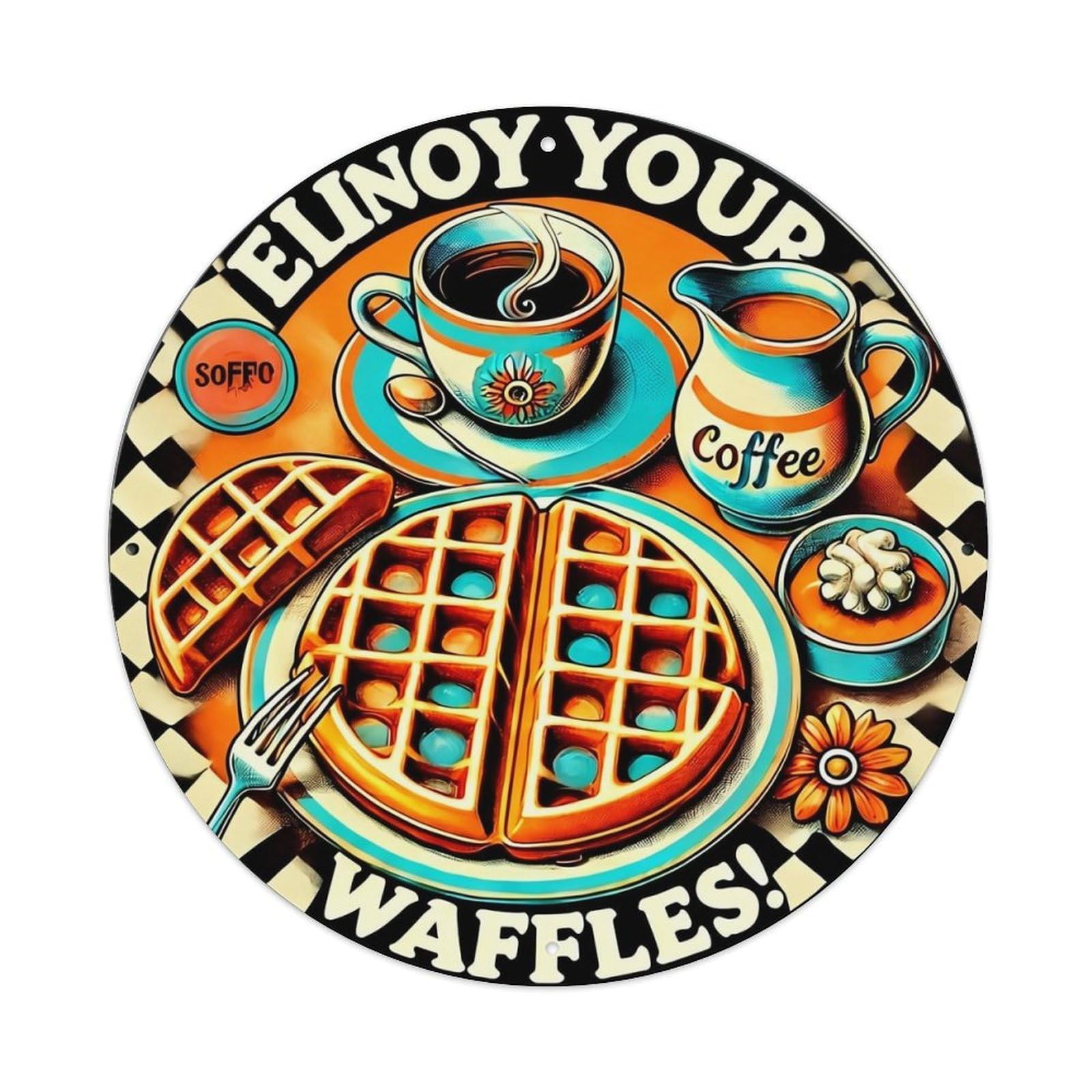 Coffee Waffles Cup Pitcher Flower Retro Metal Sign Round Tin Sign, Vintage Decor Art Poster for Bar, Home, Man Cave, Kitchen, Laundry Room Gift 8x8Inch