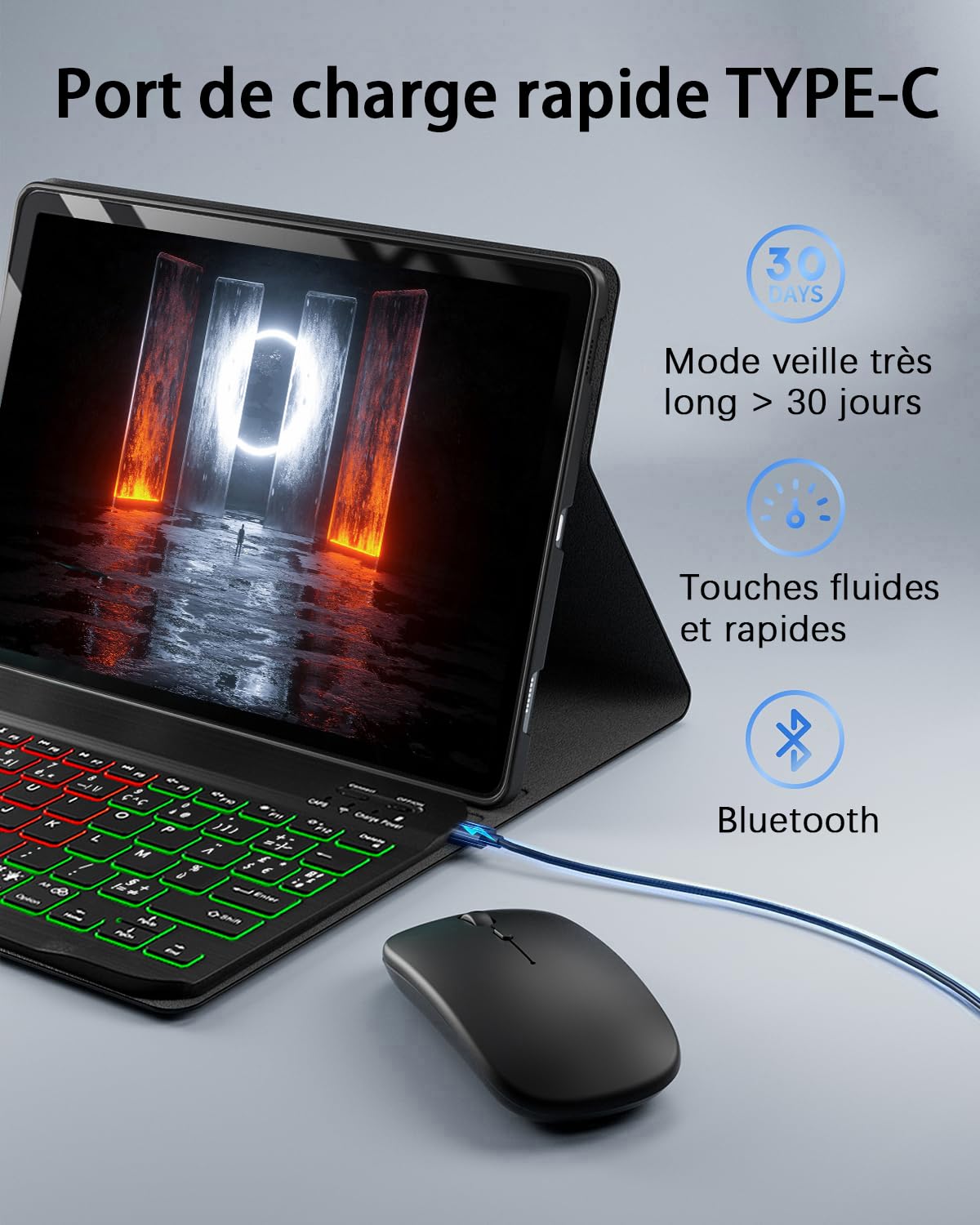 pour Lenovo Idea Tab (2025 TB336ZU/TB336FU)/ Lenovo Tab M11 (2024 TB330FU/TB330XU) 11 Pouces Coque avec Bluetooth sans Fil Français (AZERTY) Clavie Rétroéclairé Souris,Éclairage Arrière Keyboard Case