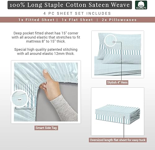 Miniatura 3 de Pizuna Sábanas de algodón azul con estampado floral simple para cama tamaño Queen, 400 hilos, sábanas de satén 100% algodón de fibra larga, tamaño