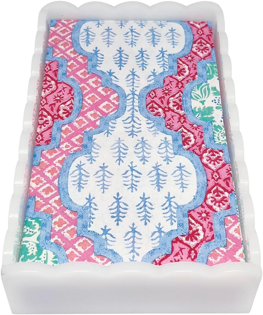 MARIPOSA PROVENCAL COTTON PINK WHITE SCALLOPED GUEST TOWEL BOX SET| WHITE | BRILLANTE | GIFTS | NAPKIN BOX & WEIGHT SET | ACRYLIC | HANDMADE IN MEXICO