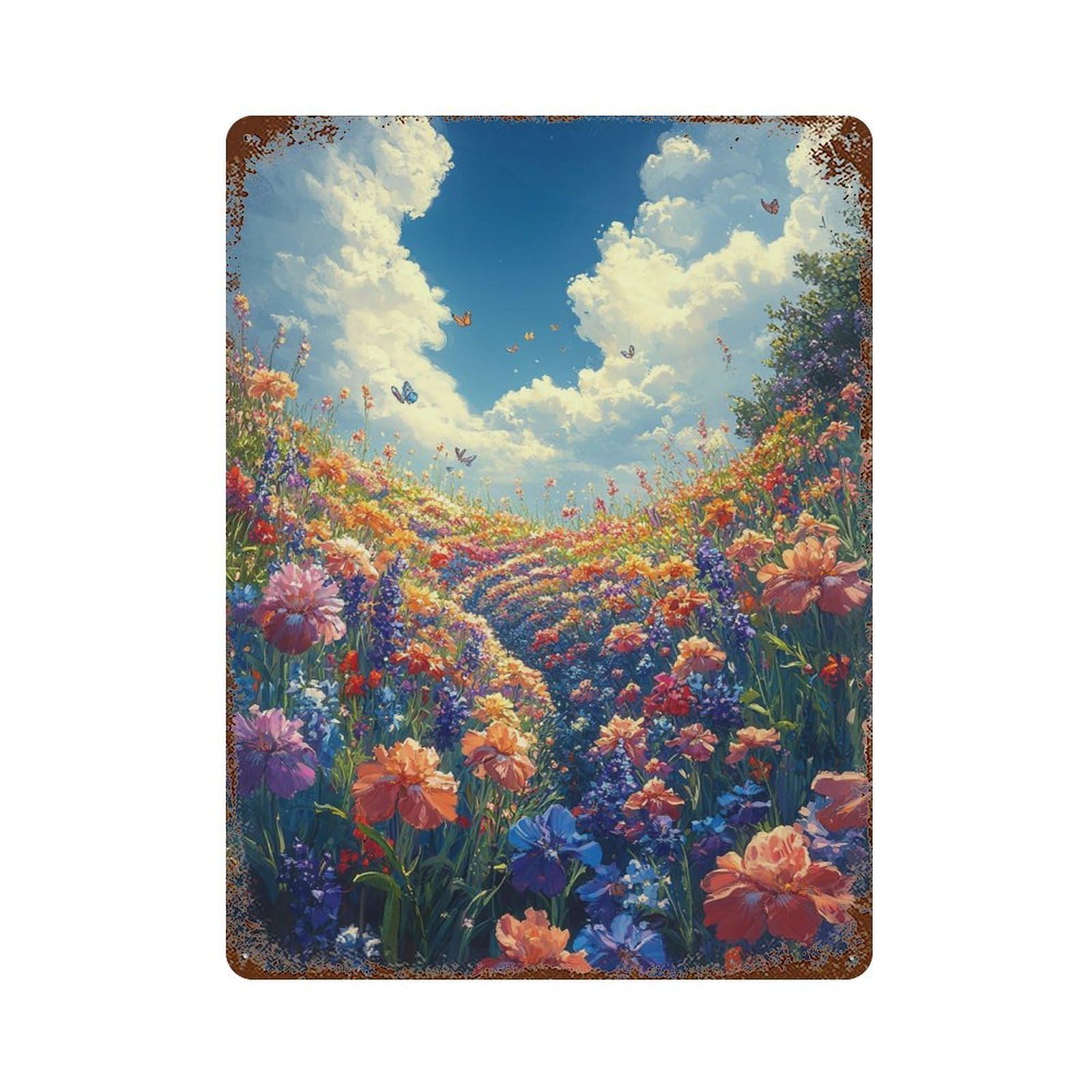Rusty Metal Tin Sign with Colorful Flower Field Design 15.7"x11.8", for Shed, Workshop And Garage Wall Decor, Classic Wall Plaque