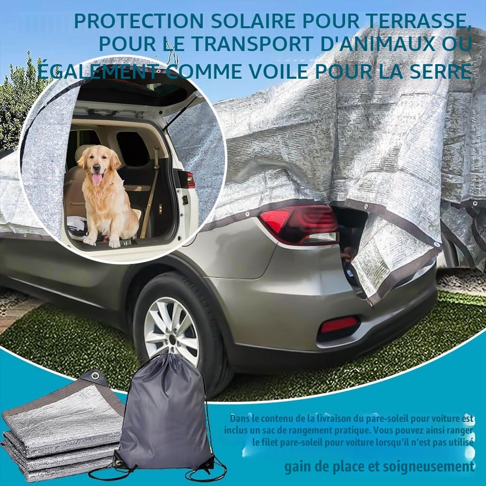 Filet d'ombrage pour voiture et chien 3x4 m, filet de protection solaire pour voiture, filet d'ombrage en aluminium, toile réfléchissante pour camping, filet d'ombrage en aluminium avec œillets 80% UV
