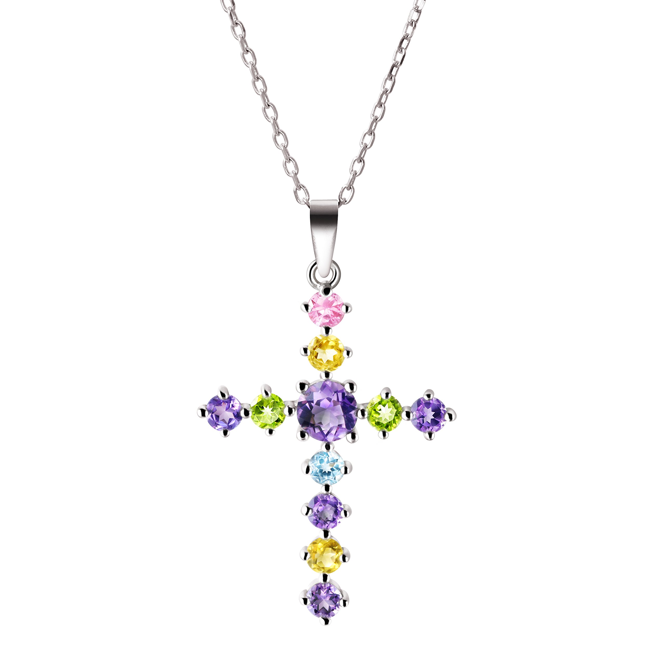 Franki Baker Amethyst, Citrine, Rose Quartz, Peridot & Aquamarine Crystal on Sterling Silver Cross Pendant Necklace. 50cms + 5cm extension
