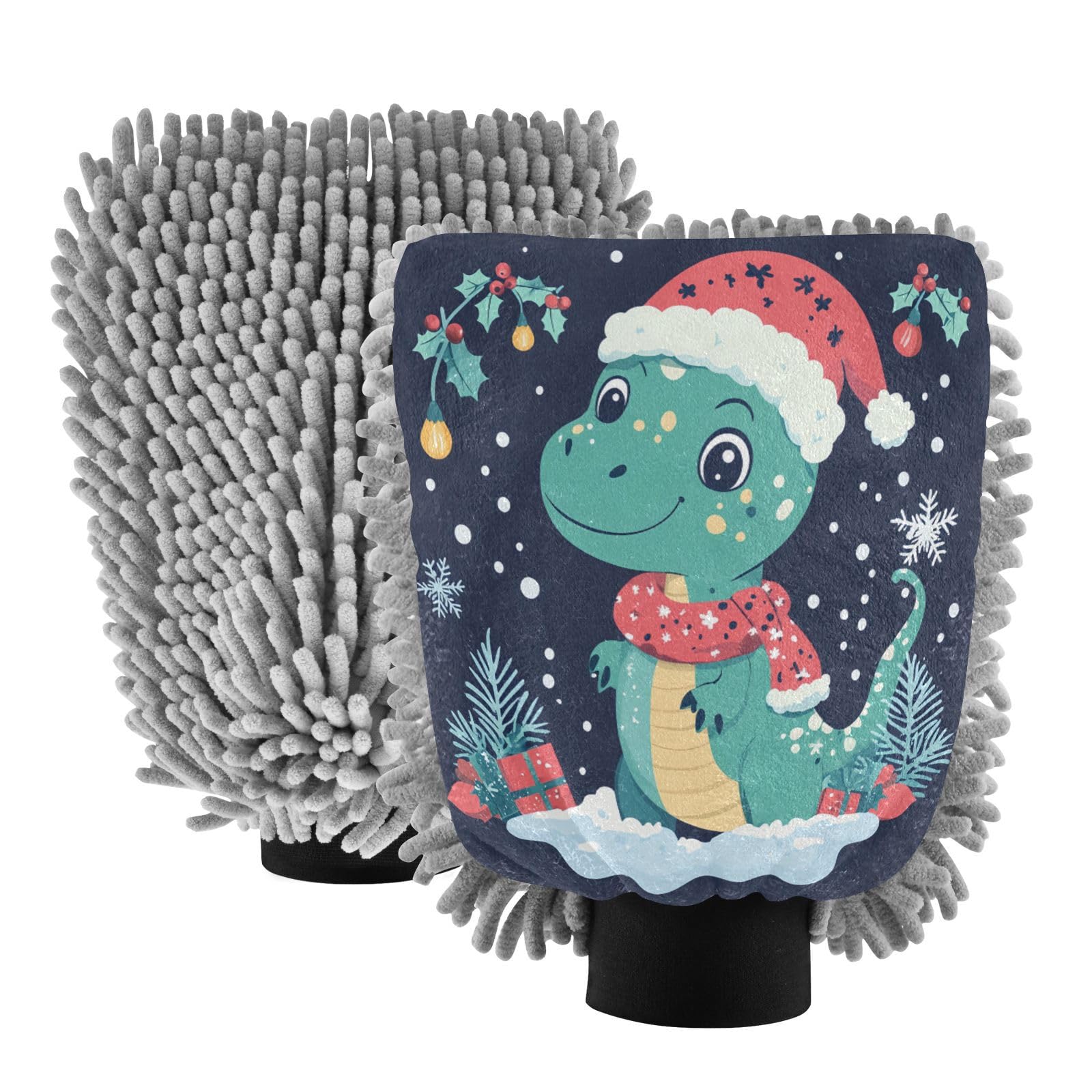 STAYTOP Cute Dinosaur Wearing A Christmas Hat Car Wash Mitt Microfiber, 2Pcs Scratch Free Lint-Free, Premium Chenille Microfiber Mitt Car Wash Brush-M