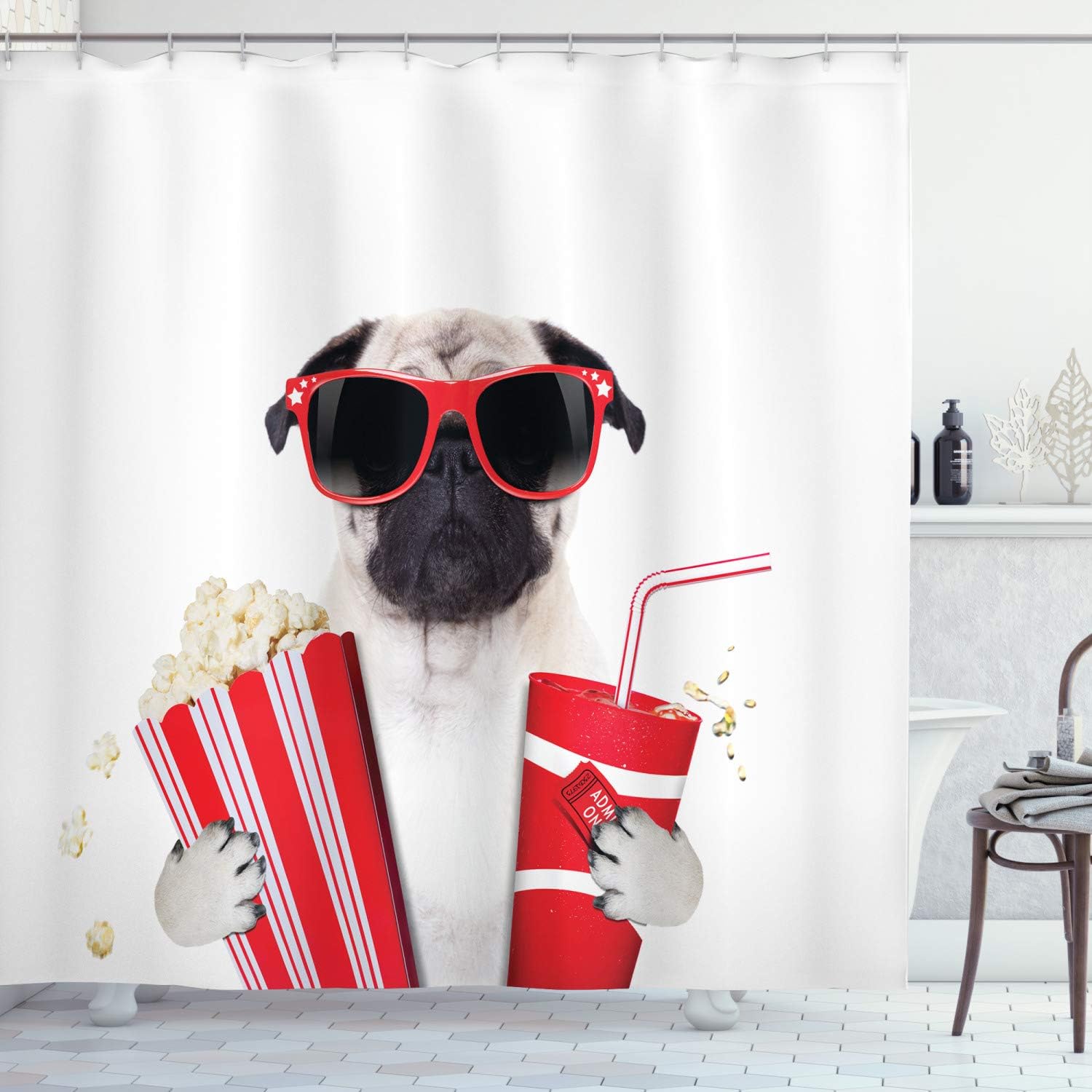 Ambesonne Pug Shower Curtain, Going to The Movies Pug Dog Popcorn Soft Drink Movie Star Glasses Animal Fun Image, Cloth Fabric Bathroom Decor Set with Hooks, 69" W x 75" L, Cream Red Black
