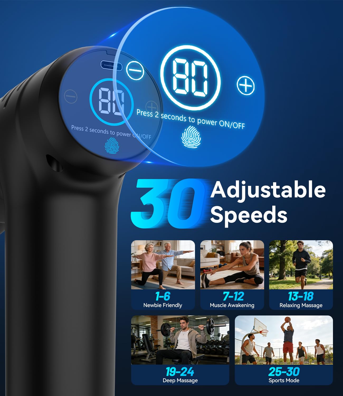 Mini Massagepistole Faszienpistole Mini Massagegerät Massage gun, 30 Stufen & 12mm Amplitude, 450g Leicht & <40dB, Touchscreen, 4 Aufsätze, USB-C, Tiefenmassage für Muskeln