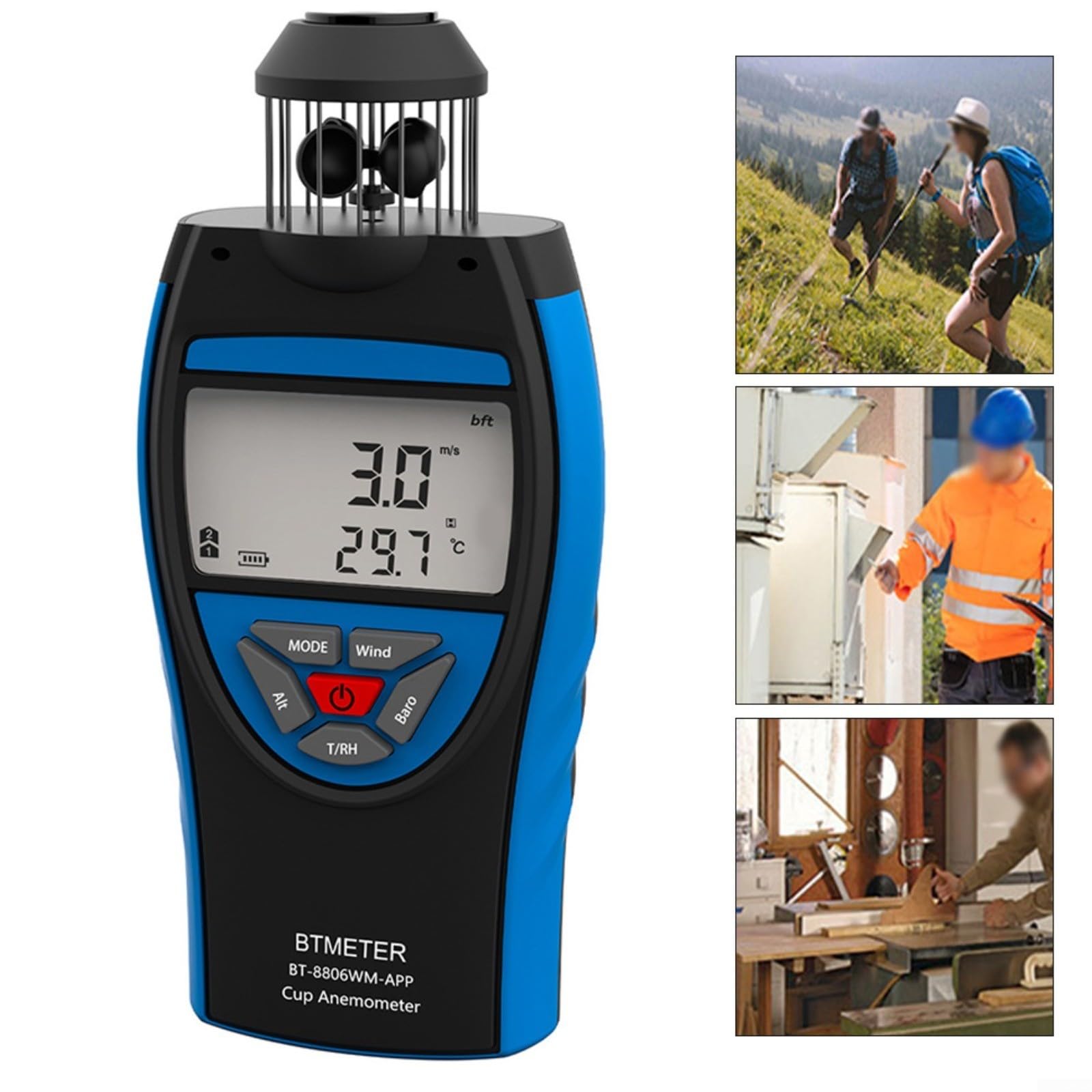 Anemometro digitale 0,3 – 42 m/s con bussola, display LCD, controllo APP per HVAC, vela, drone, modello BT-8806-APP