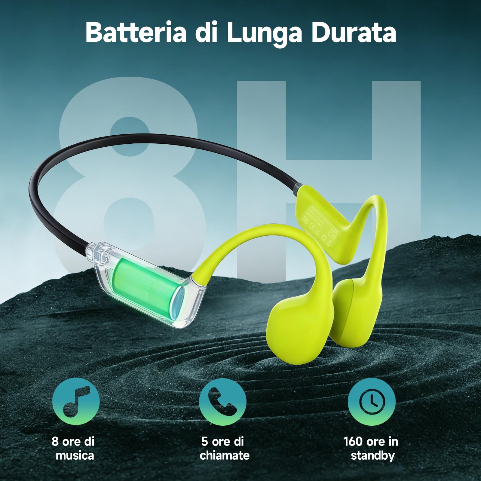 Cuffie a conduzione ossea per nuoto, Cuffie wireless impermeabili IPX8, Cuffie sportive aperte Bluetooth 5.4, Lettore MP3 integrato da 8GB, Adatte per palestra, ciclismo, Verde