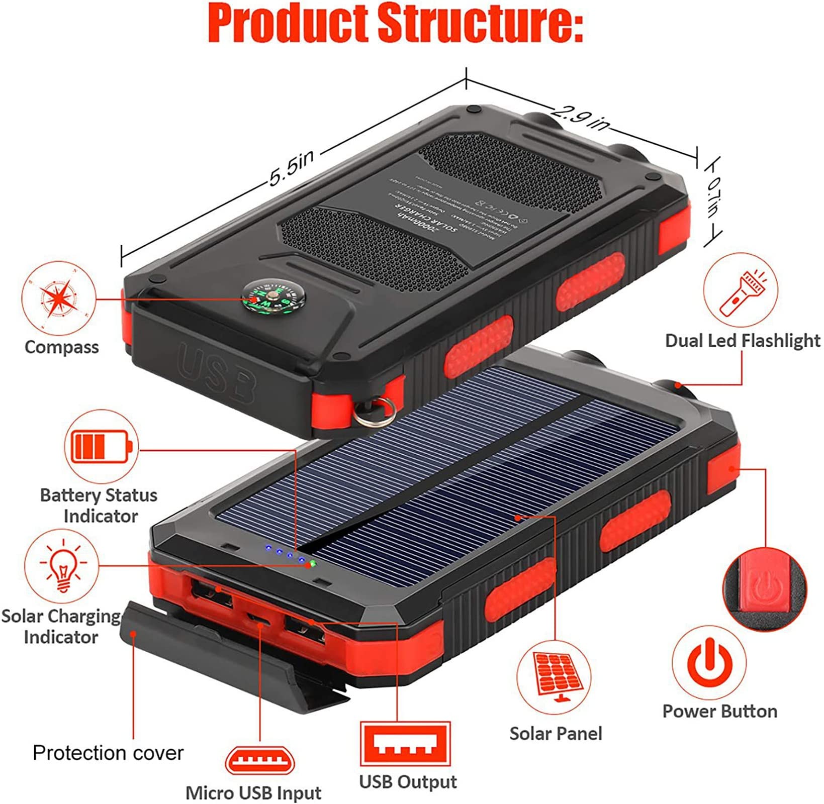 WFEI Solar Charger, Portable Outdoor Outdoor Waterproof Solar Charger Chargers, Compatible with All Smartphones, External Battery with 2 USB Ports/LED Flashlights, Orange
