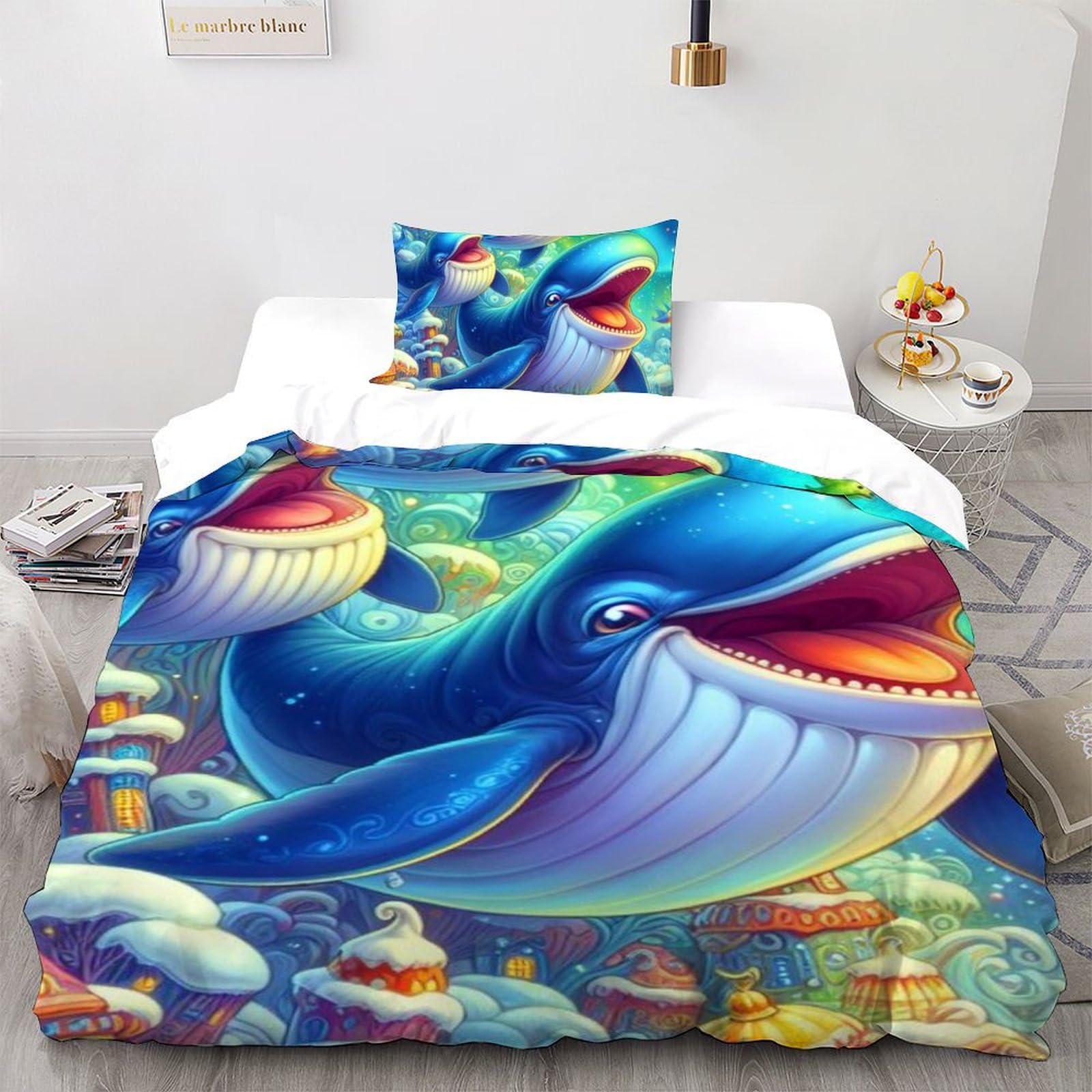 Housse de couette baleine 135x200 anti-plis en microfibre douce pour lit enfant facile à laver