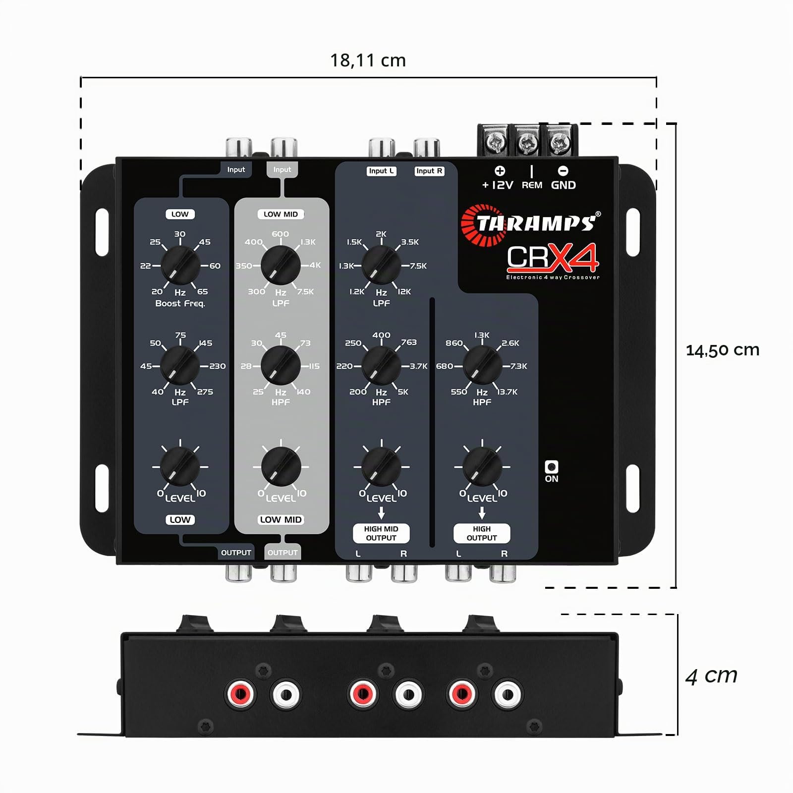 Taramp's CRX4 4-Wege Elektronische Frequenzweiche für Gitarre, Bass, Keyboard, Schlagzeug, All; schwarzer Solid State Verstärker; Musikinstrument Crossover; 4 Kanäle, 4 Bänder; 12dB / 8; 190 x 145 x