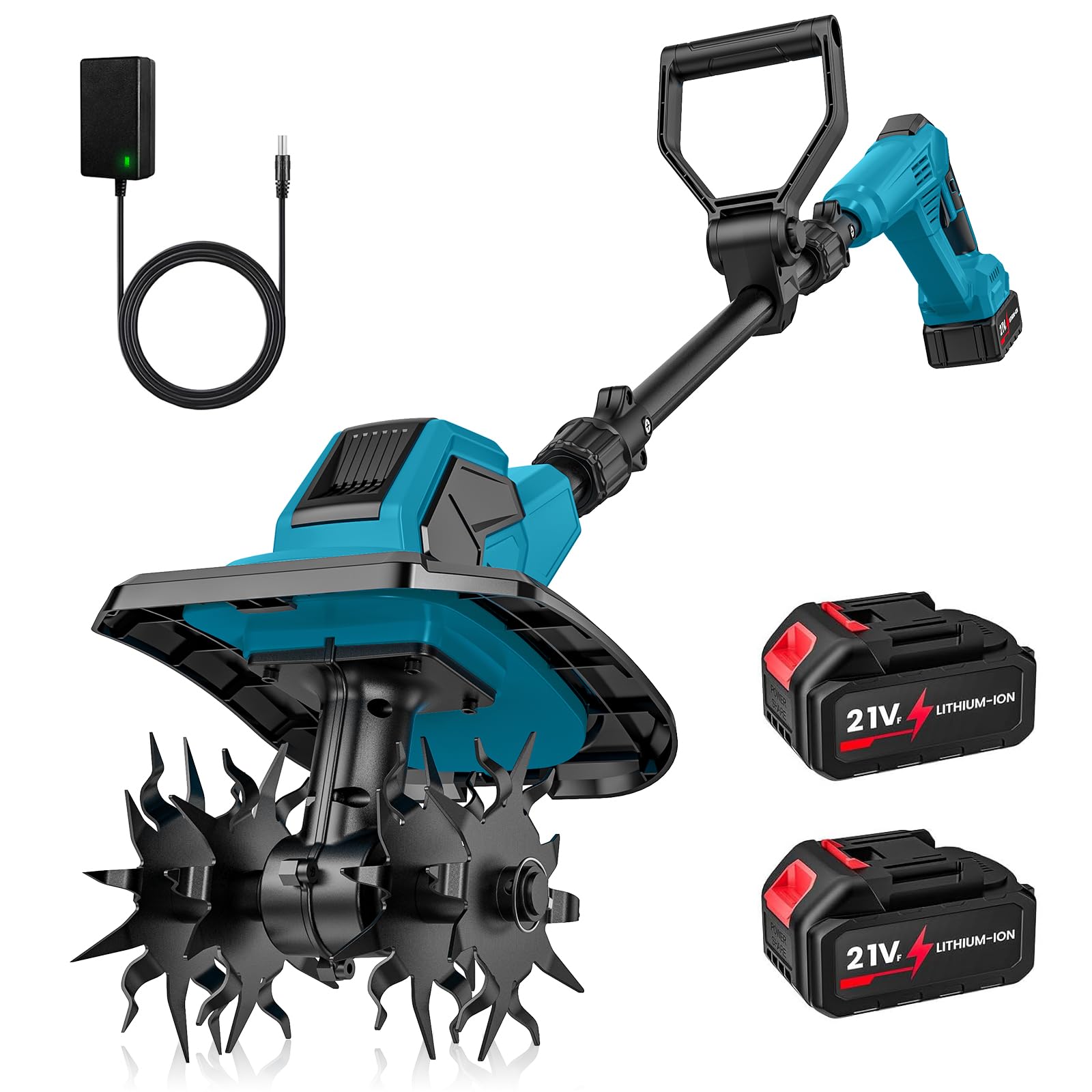 Elektrische Motorhacke, 21 V, kabellose Gartenfräse, 600 W, mit 2 x 4,0 Ah Batterien, Arbeitsbreite 17 cm, Arbeitstiefe 24 cm, 360 U/min, elektrische Motorhacke für Garten und Hof