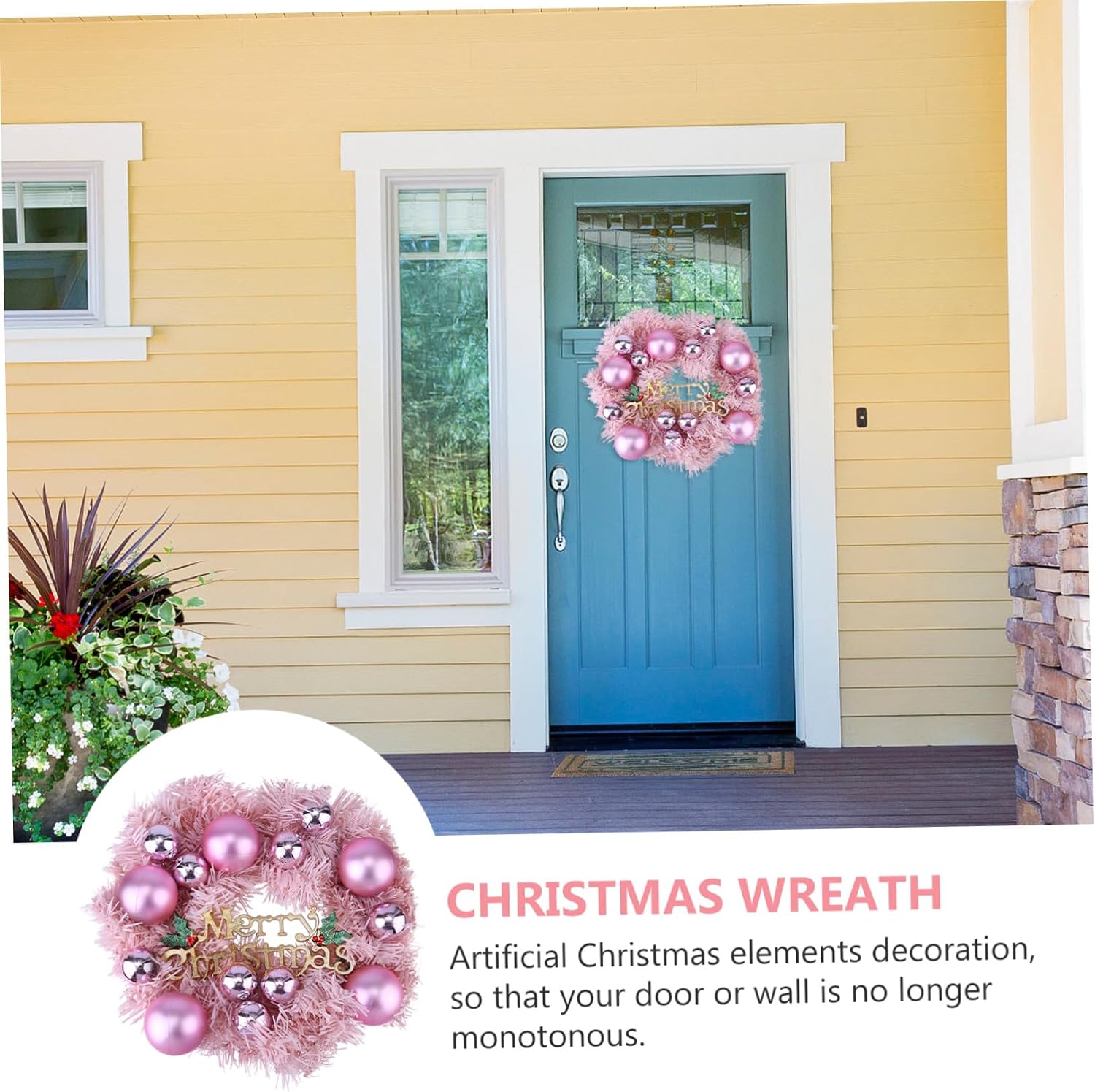 Pink Xmas Garland Door Wreath with Decorative Balls Festival Hanging Floral Arrangement for Home Hotel Shopwindow Indoor and Outdoor Holiday Decor