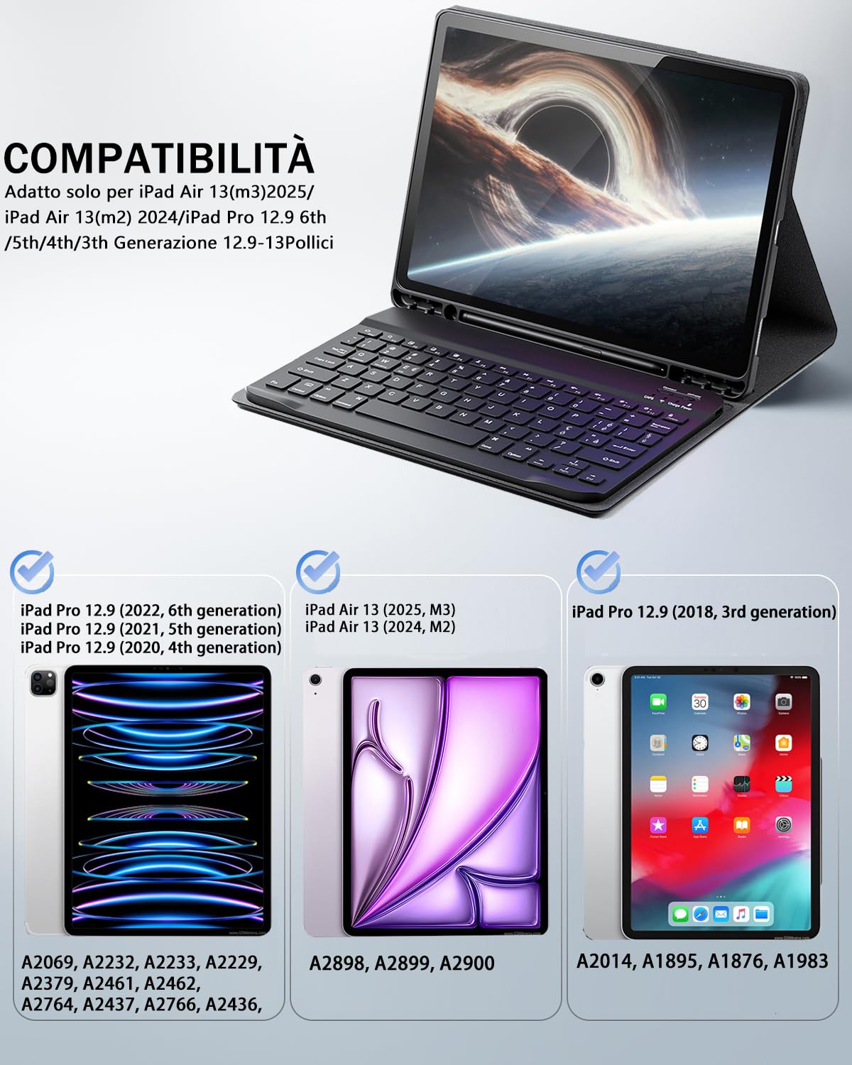 Per iPad Air 13 Pollici (M2-2024, M3-2025) con Tastiera Italiano (QWERTY), custodia per iPad Pro 12,9 Pollici (6a, 5a, 4a, 3a Generazione)con Tastiera, Portapenne e Mouse Integrati, Nero Keyboard Case