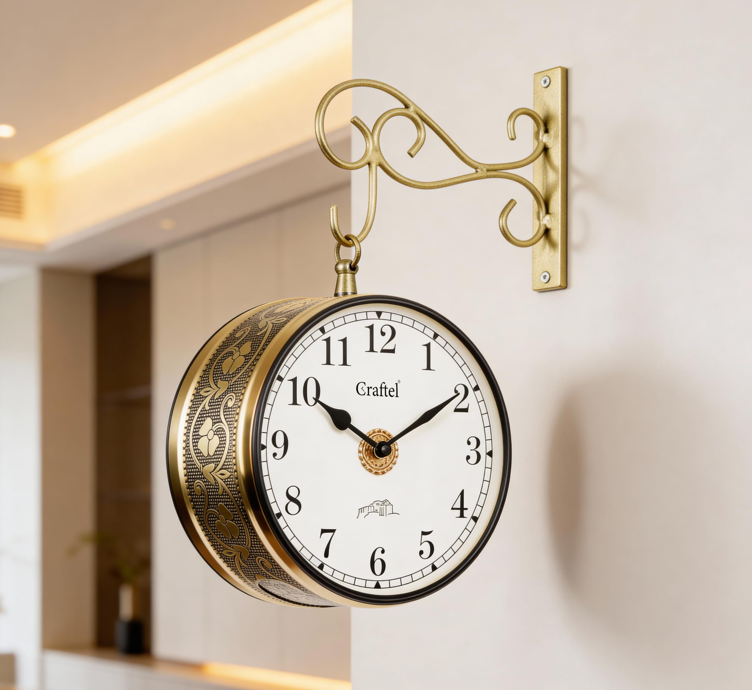 Metal Analog Double Sided Vintage English Roman Station Wall Clock with Brass in dial (Shiny Gold_8 Inches)