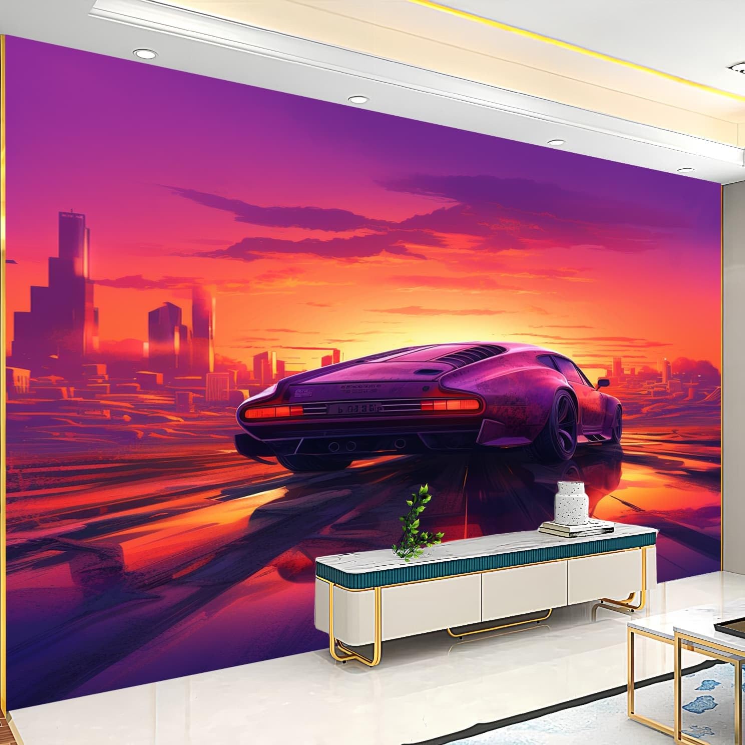 Fototapeta 400 x 280 cm nowoczesny samochód sportowy wzór w paski tapeta efekt 3D włóknina pomarańczowo-fioletowa fototapeta do sypialni salonu tło telewizora i sofa