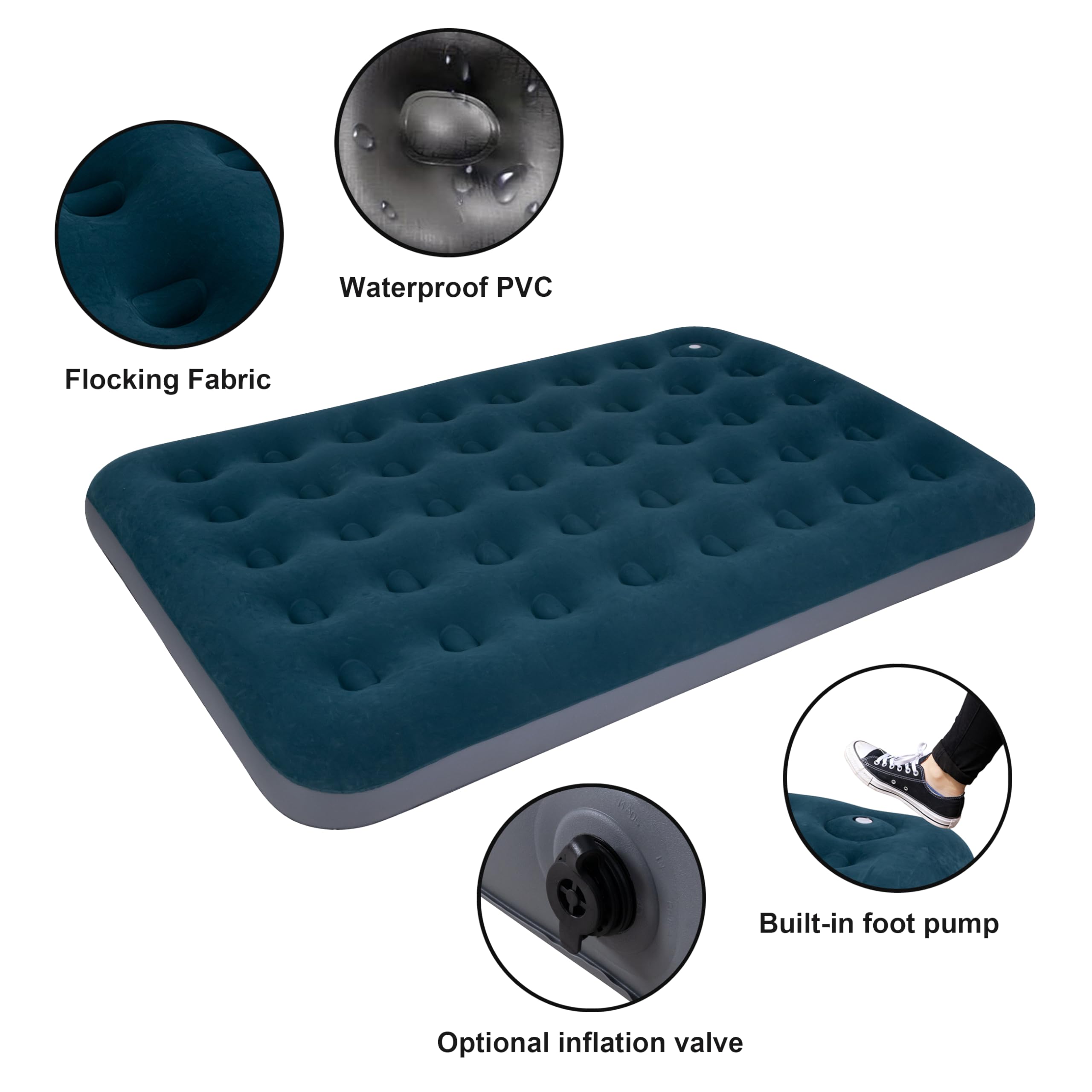 Double Air Mattress with Built-in Foot Pump, Leak-Free Airbed with Soft Plush Top, Pefect for Home Portable Camping Travel (Double)