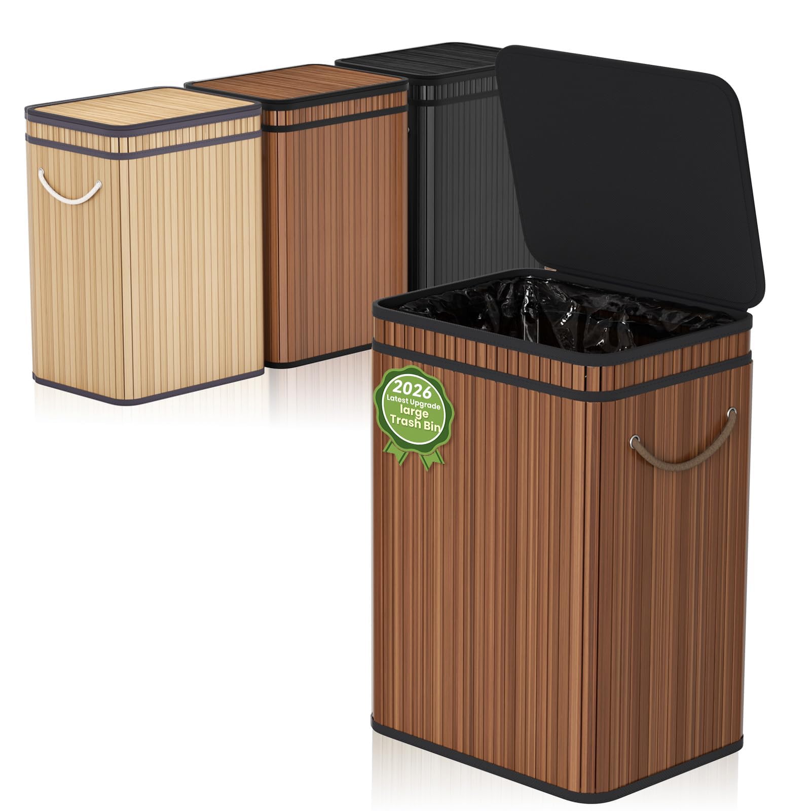 Mihoho 80 Liter/21 Gallon Large Trash Can with Lid, Garbage Bin Wastebasket made of bamboo, Outdoor Garbage Can/Waste/Basket Bin for Home, Office, Bathroom, Kitchen 40X30X60 CM (Coffee D)