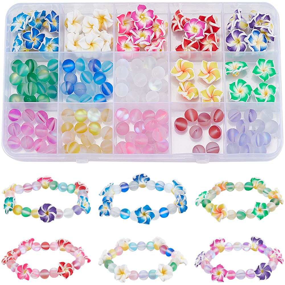 SUNNYCLUE 1 Box 150Pcs DIY 6 Sets Flower Bracelet Making Kit Plumeria Flowers Beads with 10m Crystal String Summer Hawaii Ocean Beach Moonstone Beads for Jewellery Making Crafts Supplies Adults