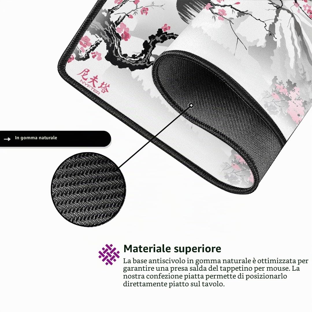 Nyfter - Tappetino per mouse da gioco XXL, Sakura, bianco, 900 x 500 mm, di alta qualità, con bordi cuciti grandi, durevole, con scorrevolezza di alta qualità e antiscivolo